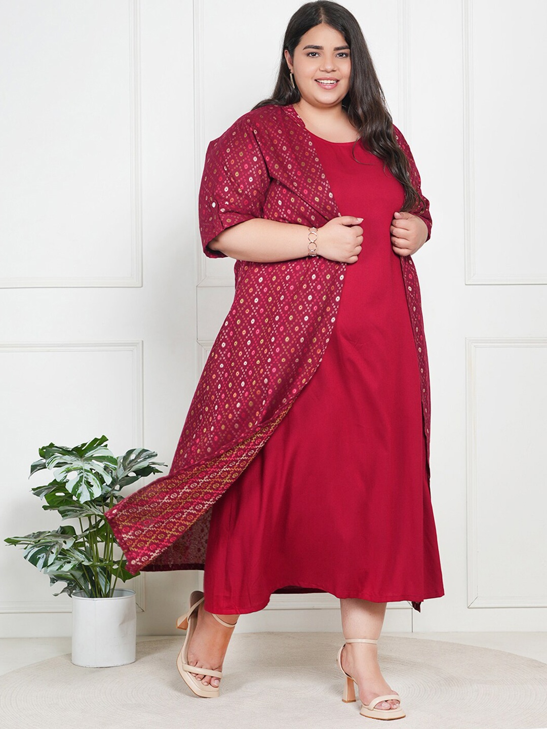 

LastInch Plus Size Ethnic Motifs Print Cotton Maxi Dress With Jacket, Red