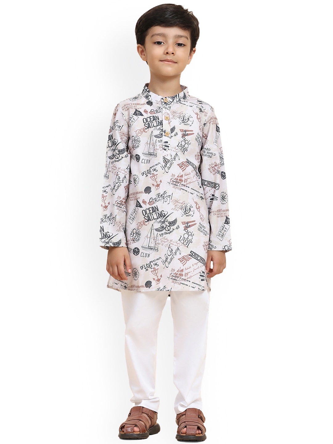 

BAESD Boys Printed Mandarin Collar Regular Linen Straight Kurta With Pyjamas, Grey