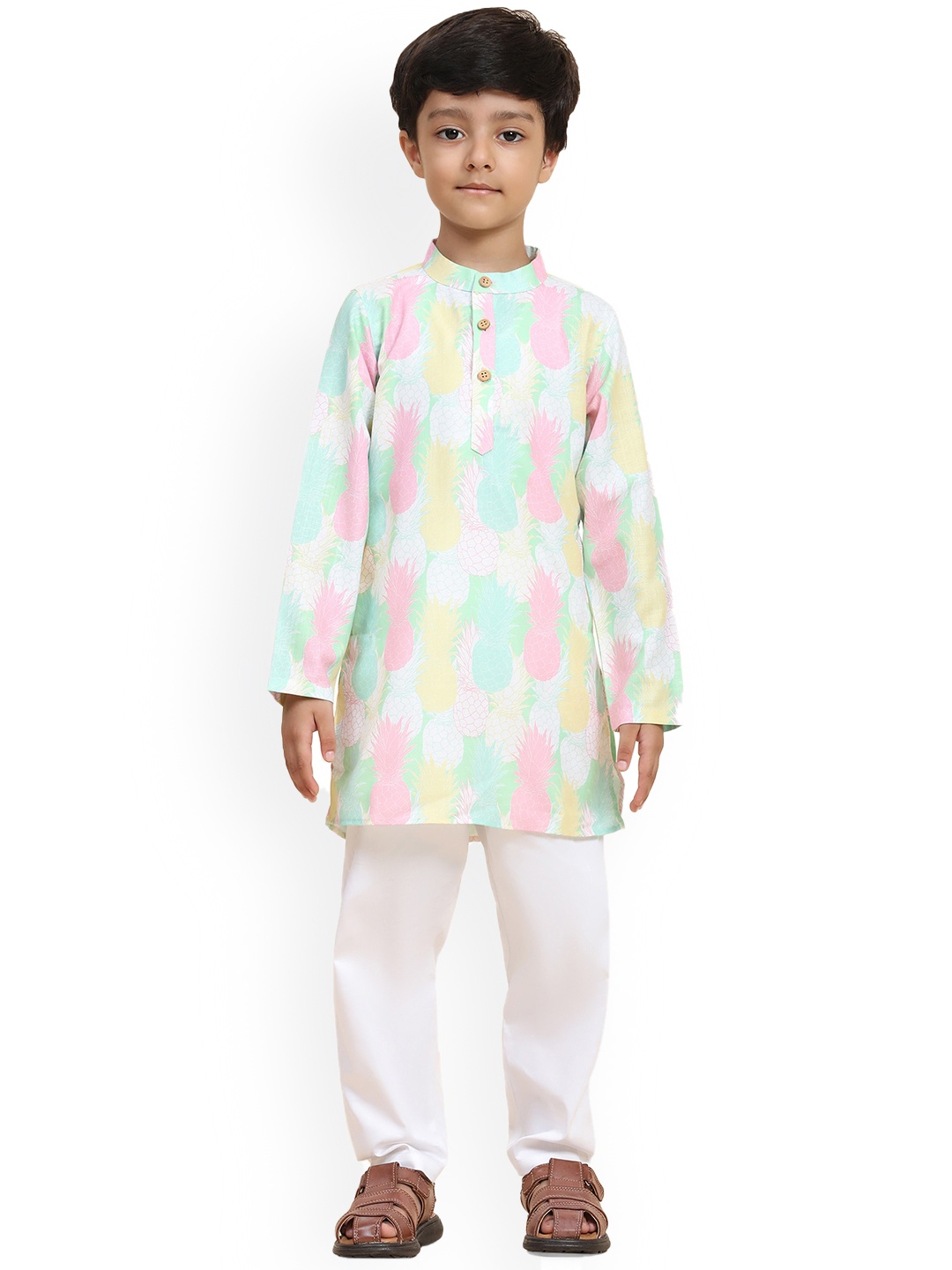 

BAESD Boys Tropical Printed Mandarin Collar Linen Straight Kurta with Pyjamas, Blue