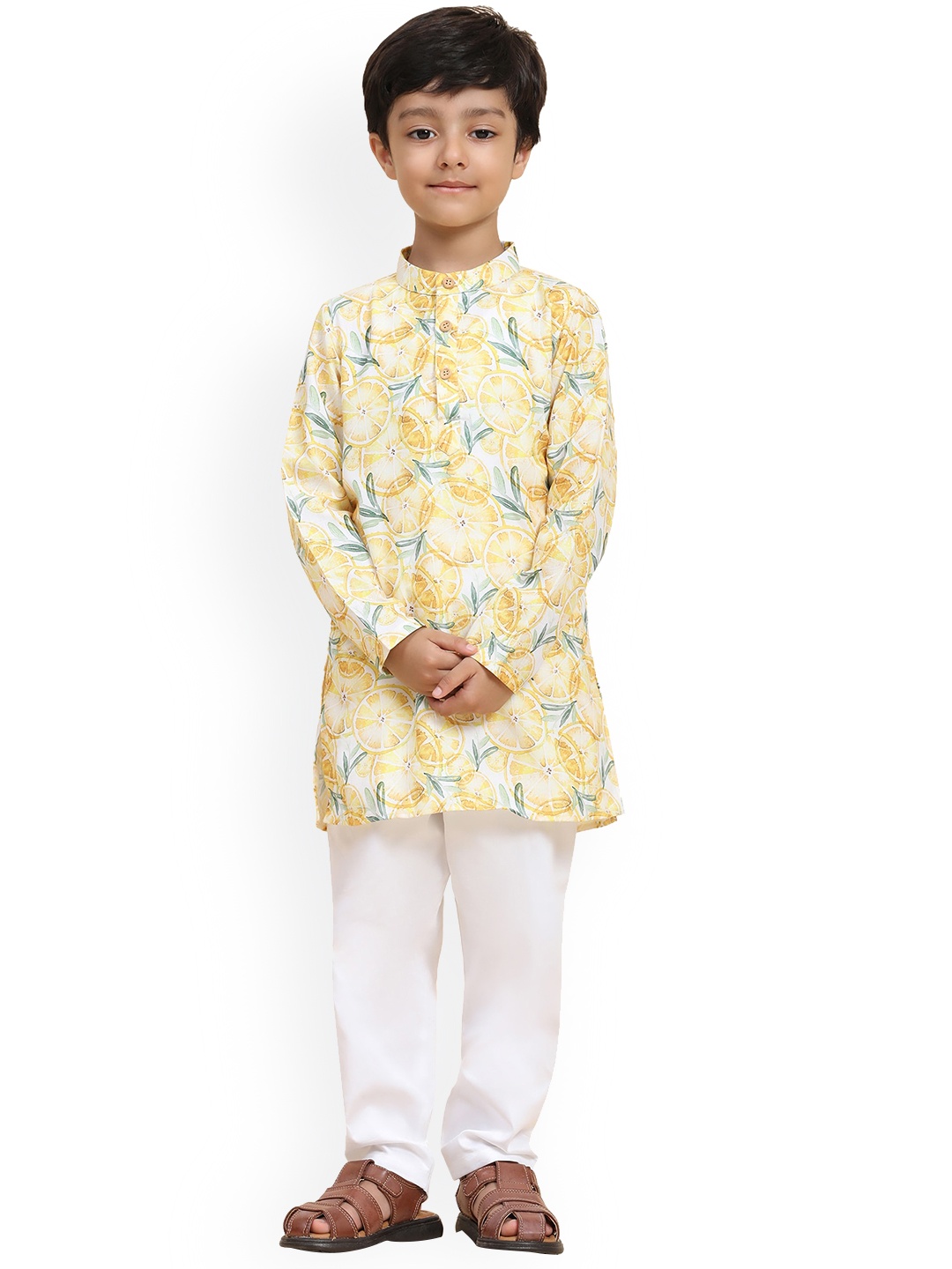 

BAESD Boys Abstract Printed Regular Linen Kurta with Pyjamas, Yellow