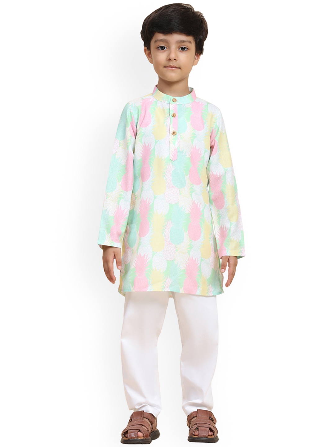 

BAESD Boys Abstract Printed Mandarin Collar Linen Straight Kurta With Pyjama, Blue