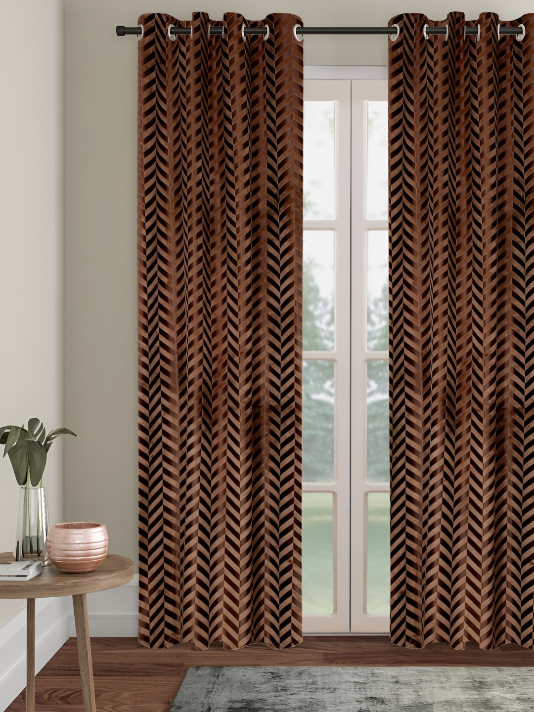 

SOKNACK Brown & Beige Striped Black Out Long Door Curtain