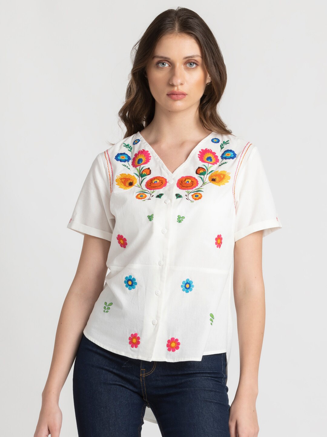 

SHAYE Collarless Short Sleeves Floral Printed Cotton Regular Fit Casual Shirt, White