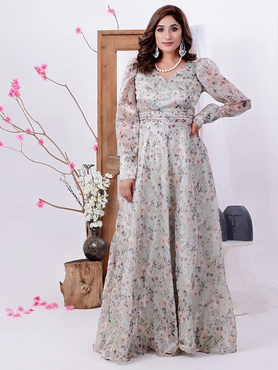 

Ethnovog Floral Print V-Neck Puff Sleeves Silk Maxi Dress, Grey