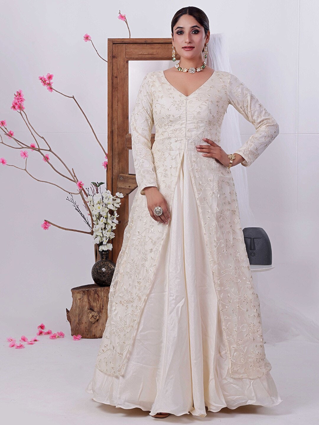

Ethnovog Self Design V-Neck Net Maxi Dress, Off white
