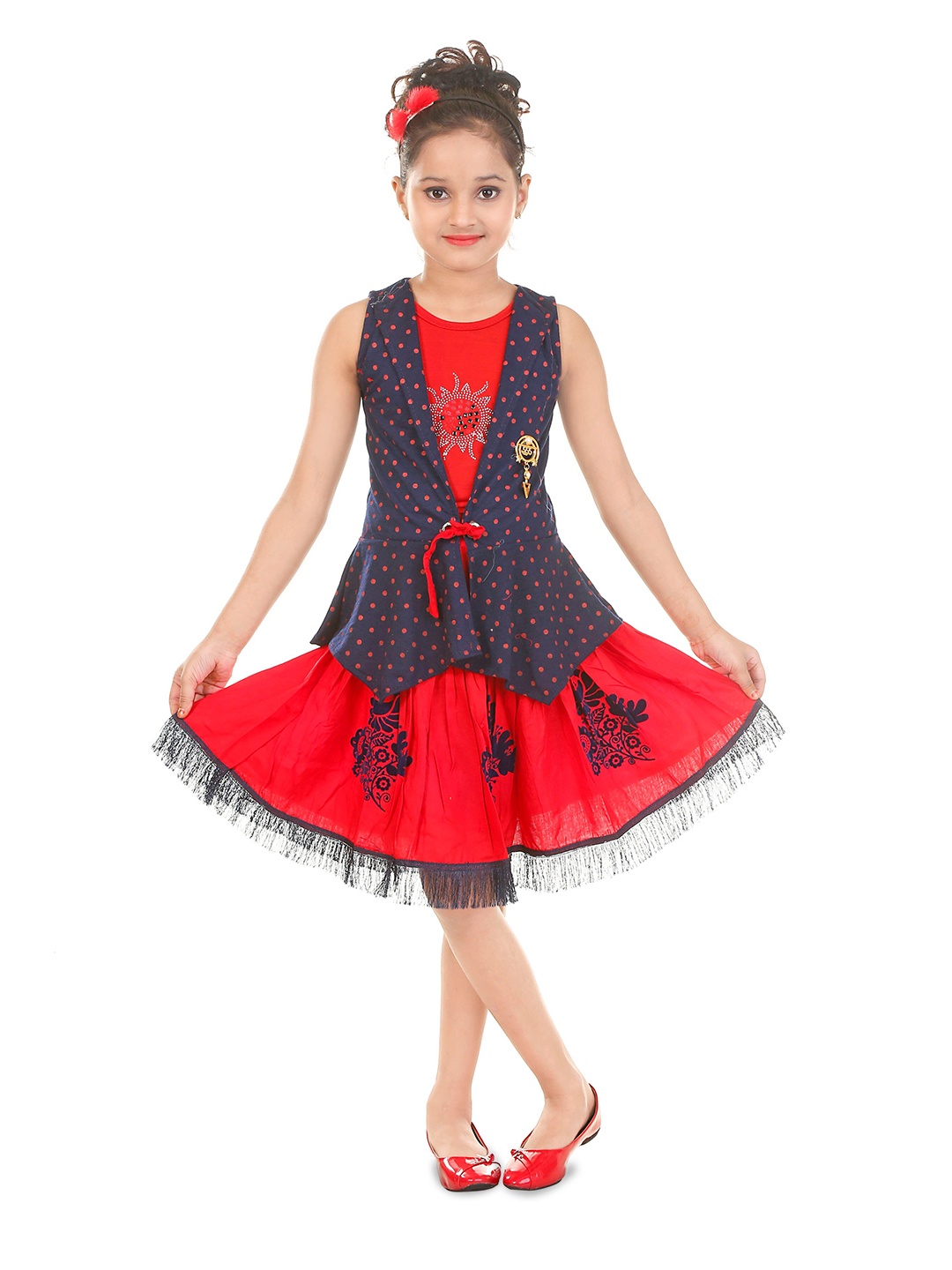 

CELEBRITY CLUB Girls Printed Round Neck Sleeveless Top & Skirt, Red