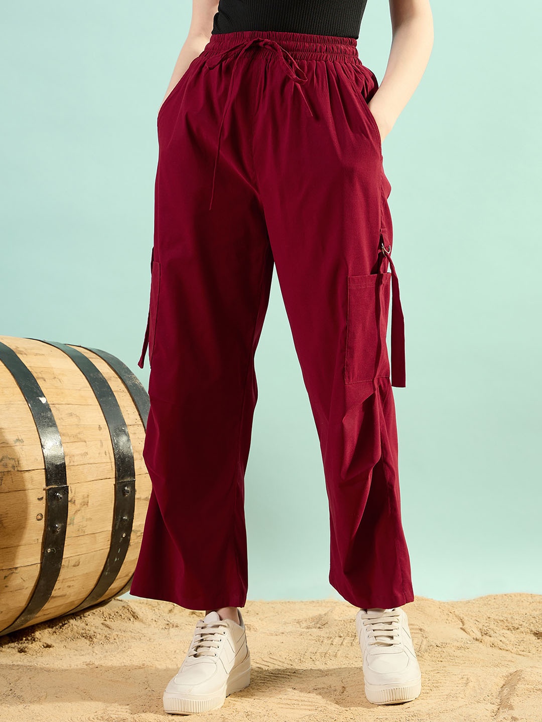 

STYLECAST X KASSUALLY Women Relaxed Mid-Rise Cargos Trousers, Maroon