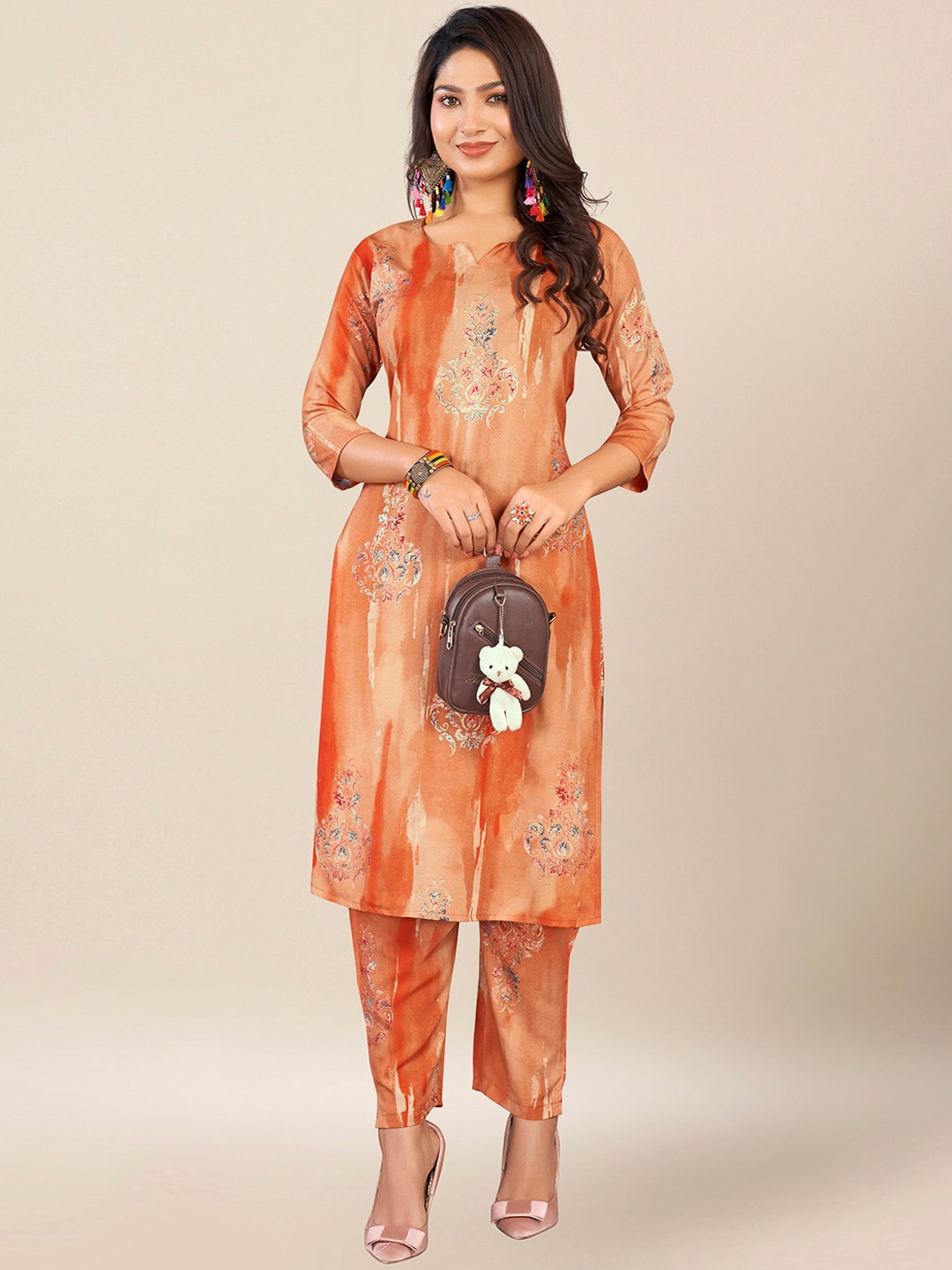 

GRANTH FASHION Women Printed Regular Pure Silk Kurta with Salwar, Orange
