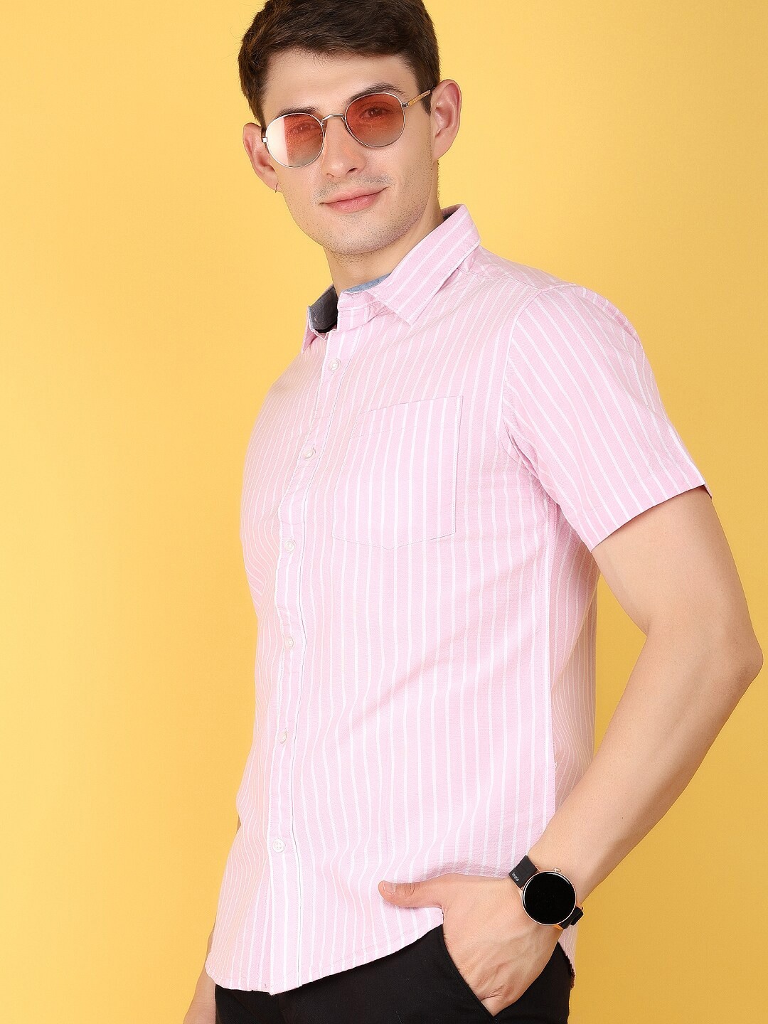 

V-Mart Slim Fit Short Sleeves Spread Collar Cotton Opaque Striped Casual Shirt, Pink