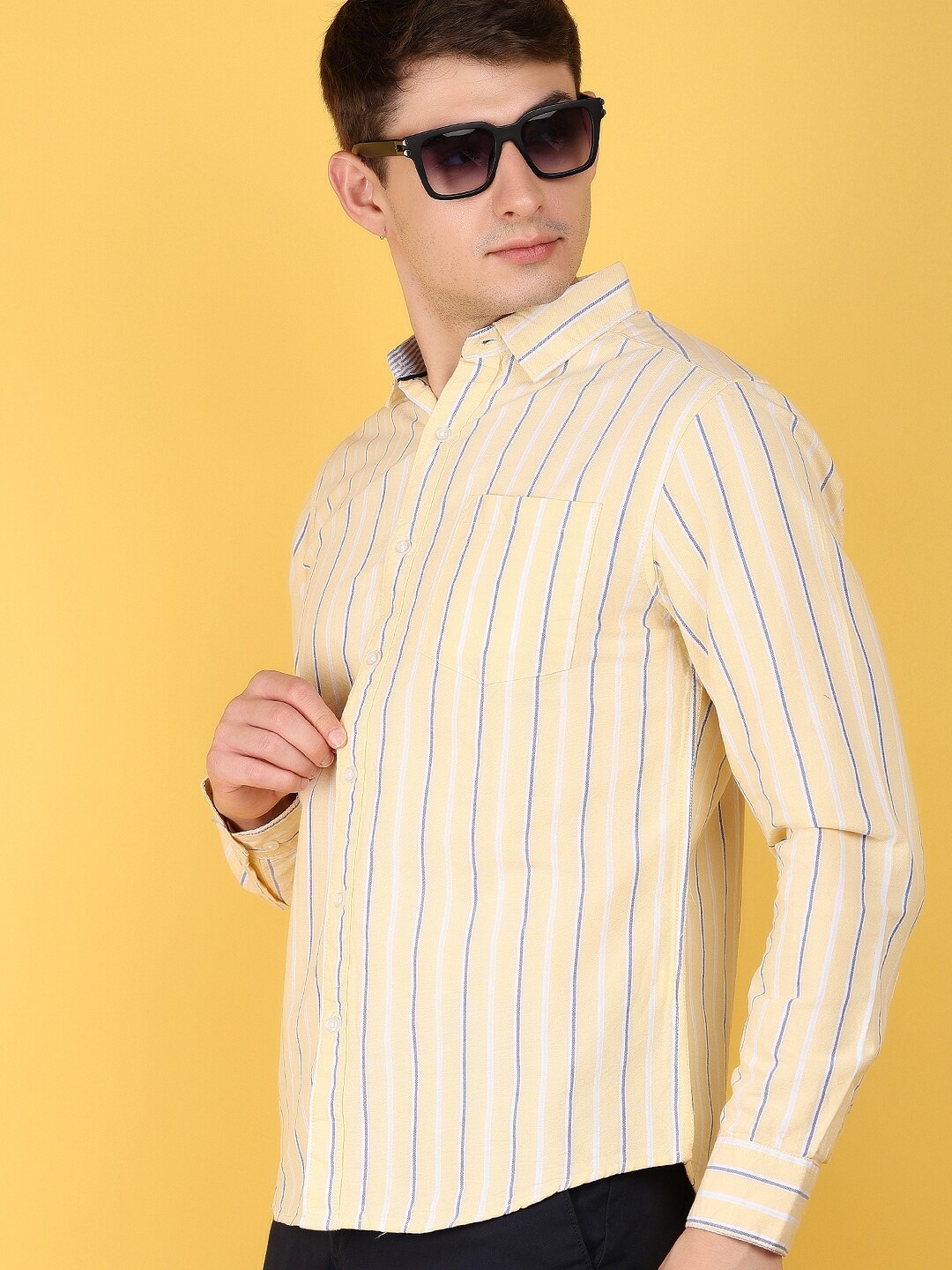 

V-Mart Long Sleeves Spread Collar Cotton Opaque Striped Casual Shirt, Yellow