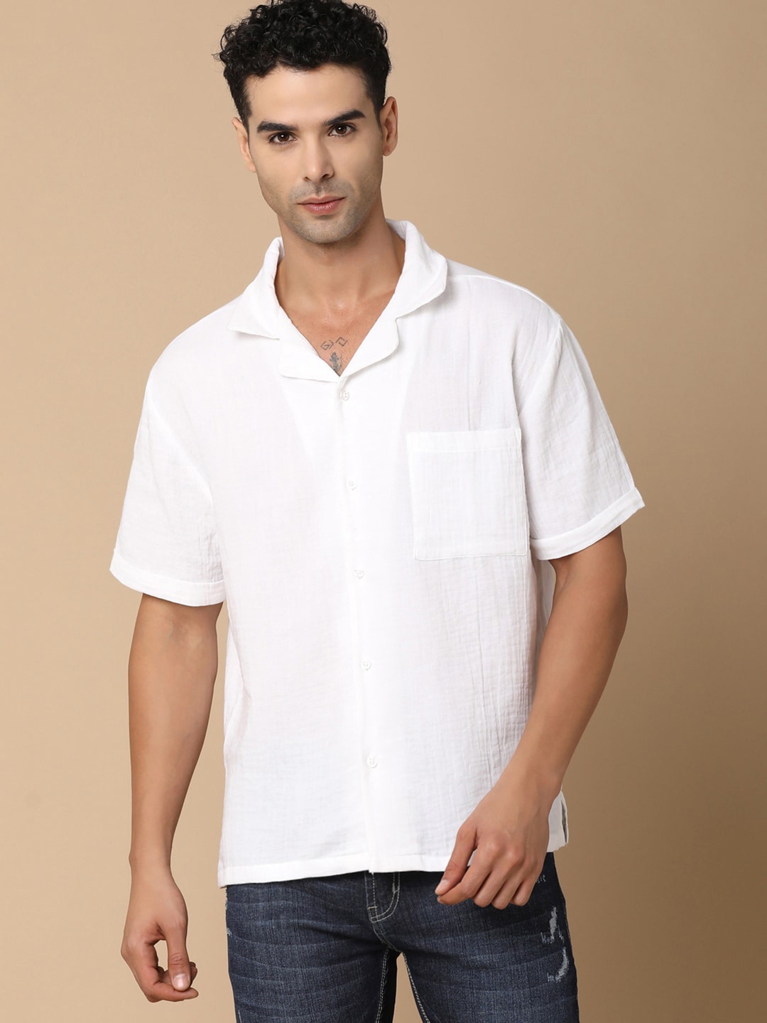 

V-Mart Cubon Collar Short Sleeves Casual Shirt, White