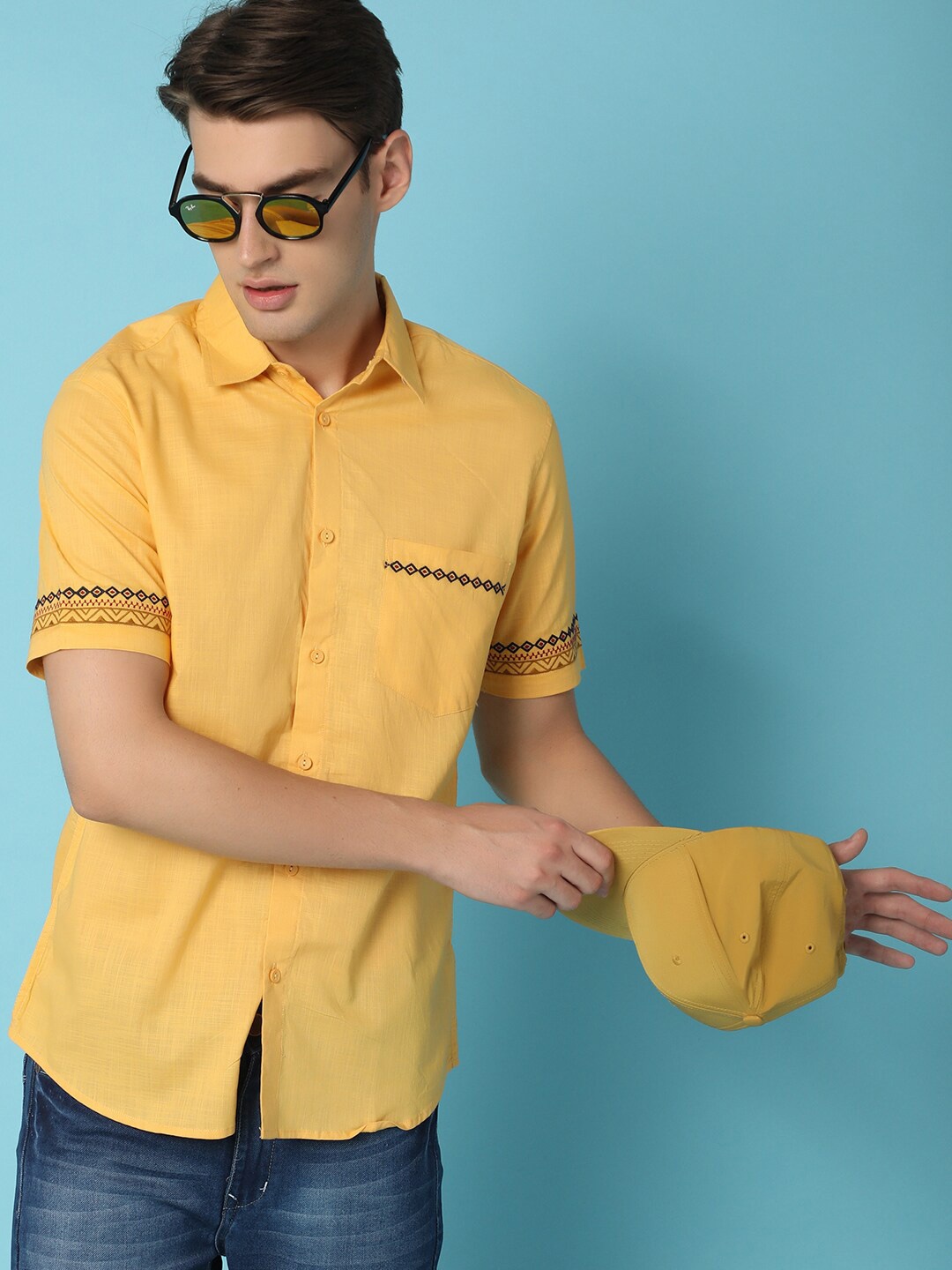 

V-Mart Short Sleeves Spread Collar Cotton Opaque Casual Shirt, Yellow