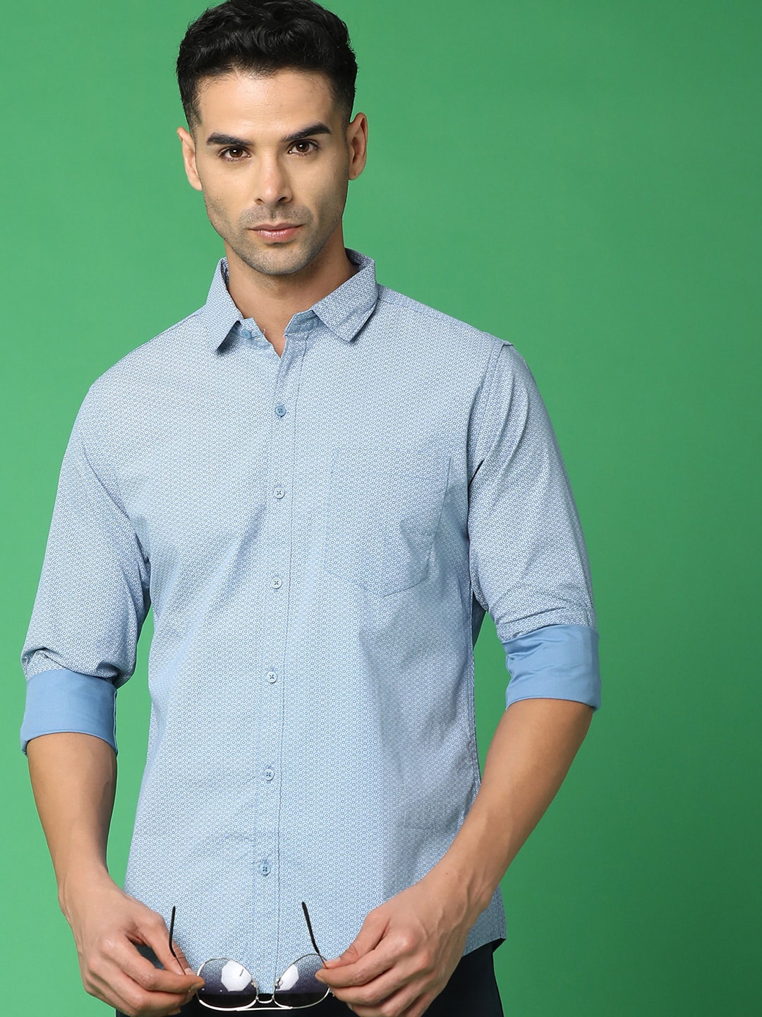

V-Mart Long Sleeves Spread Collar Cotton Opaque Printed Casual Shirt, Blue