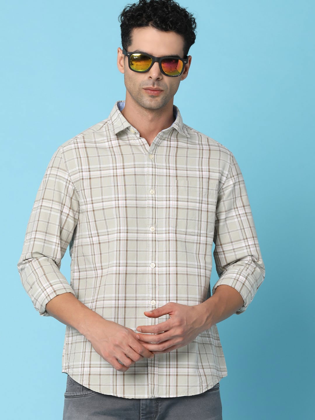 

V-Mart Tartan Checked Spread Collar Long Sleeves Casual Shirt, Khaki