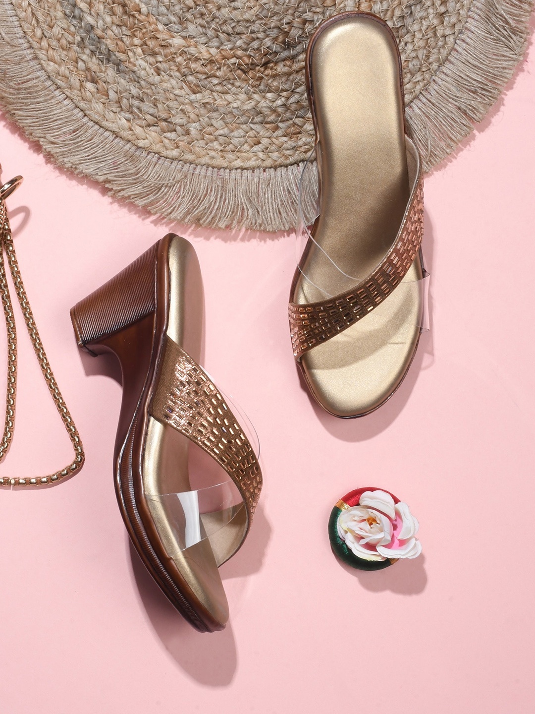 

Try Me Embellished Open Toe Block Heels, Gold