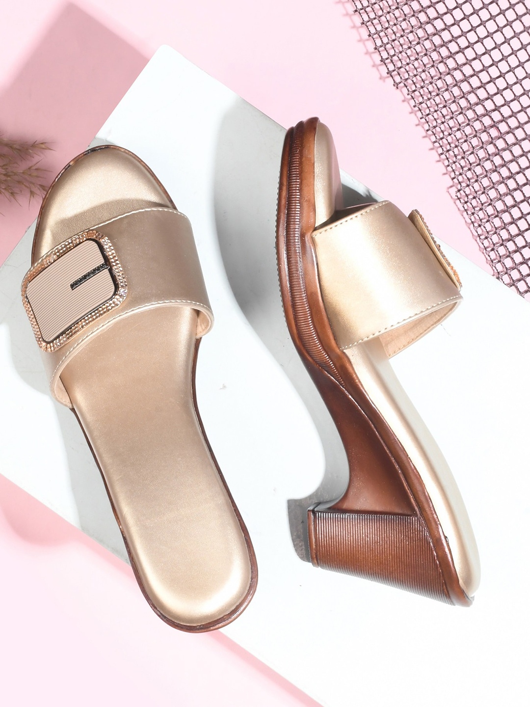 

Try Me Embellished Open Toe Block Heels, Gold