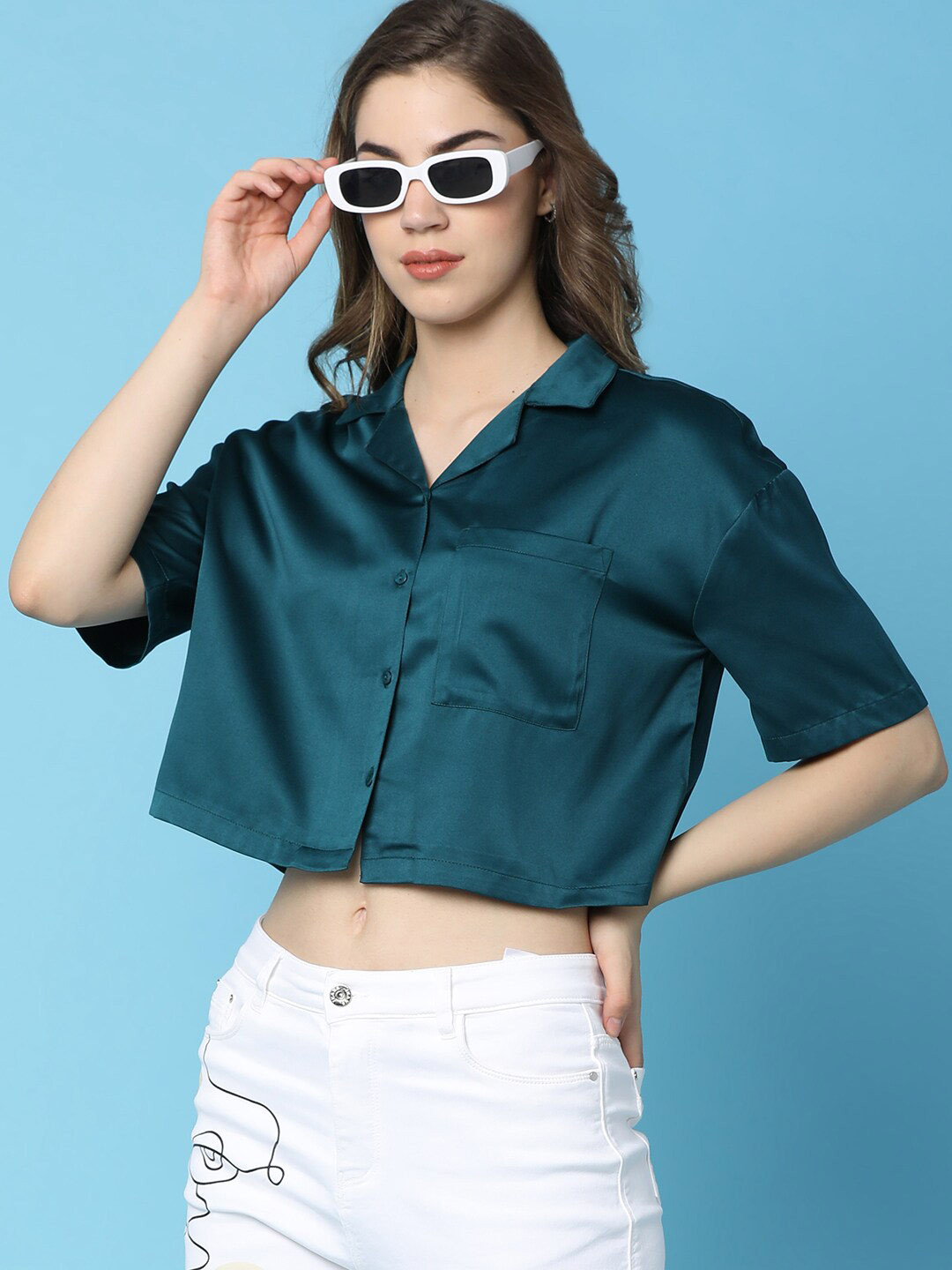 

V-Mart Cuban Collar Crop Party Shirt, Green