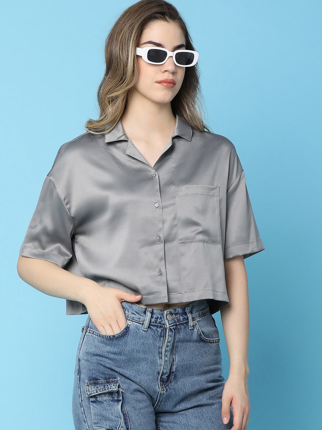 

V-Mart Cuban Collar Crop Party Shirt, Grey