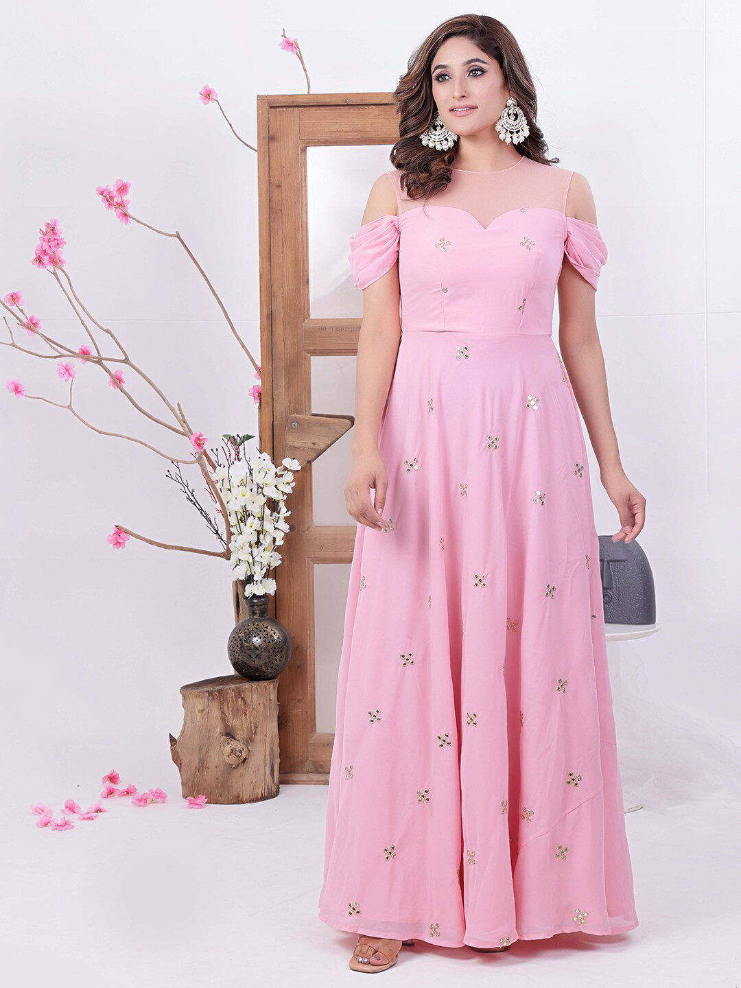 

Ethnovog Embellished Cold-Shoulder Georgette Maxi Dress, Pink