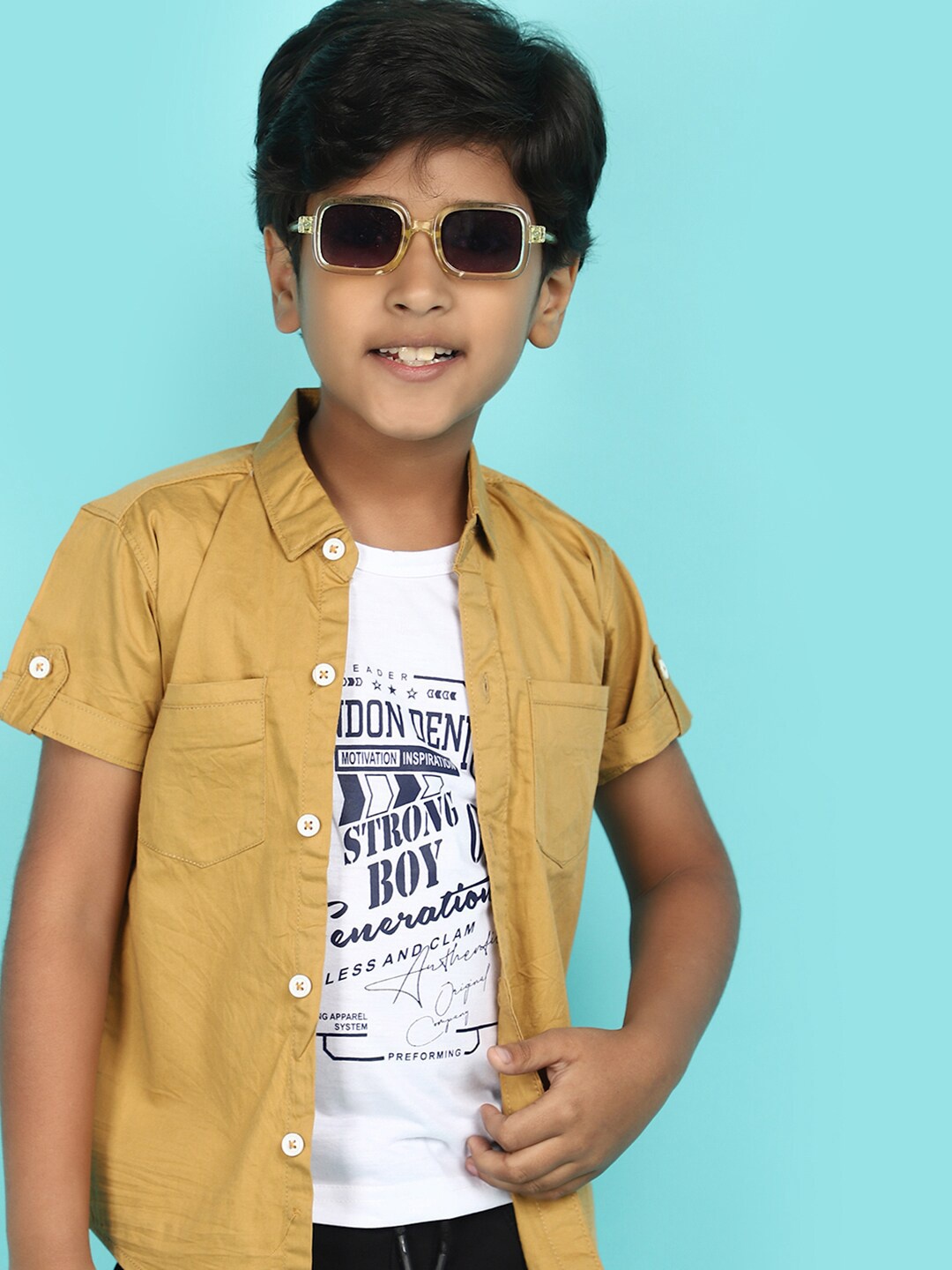 

V-Mart Boys Spread Collar Roll-Up Sleeves Casual Shirt, Gold