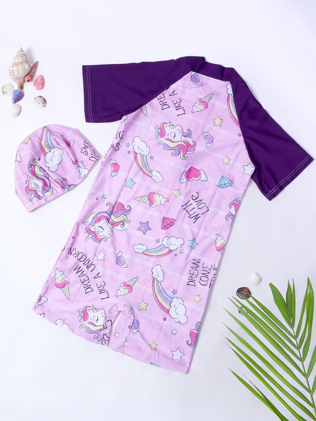 

bubble berry Girls Rainbow Unicorn Printed Swim Legsuit With Cap, Pink