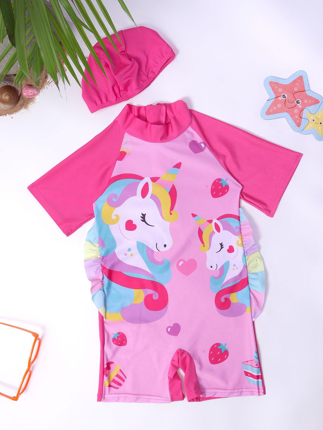 

bubble berry Girls 3D Unicorn Printed Swim Legsuit With Cap, Pink