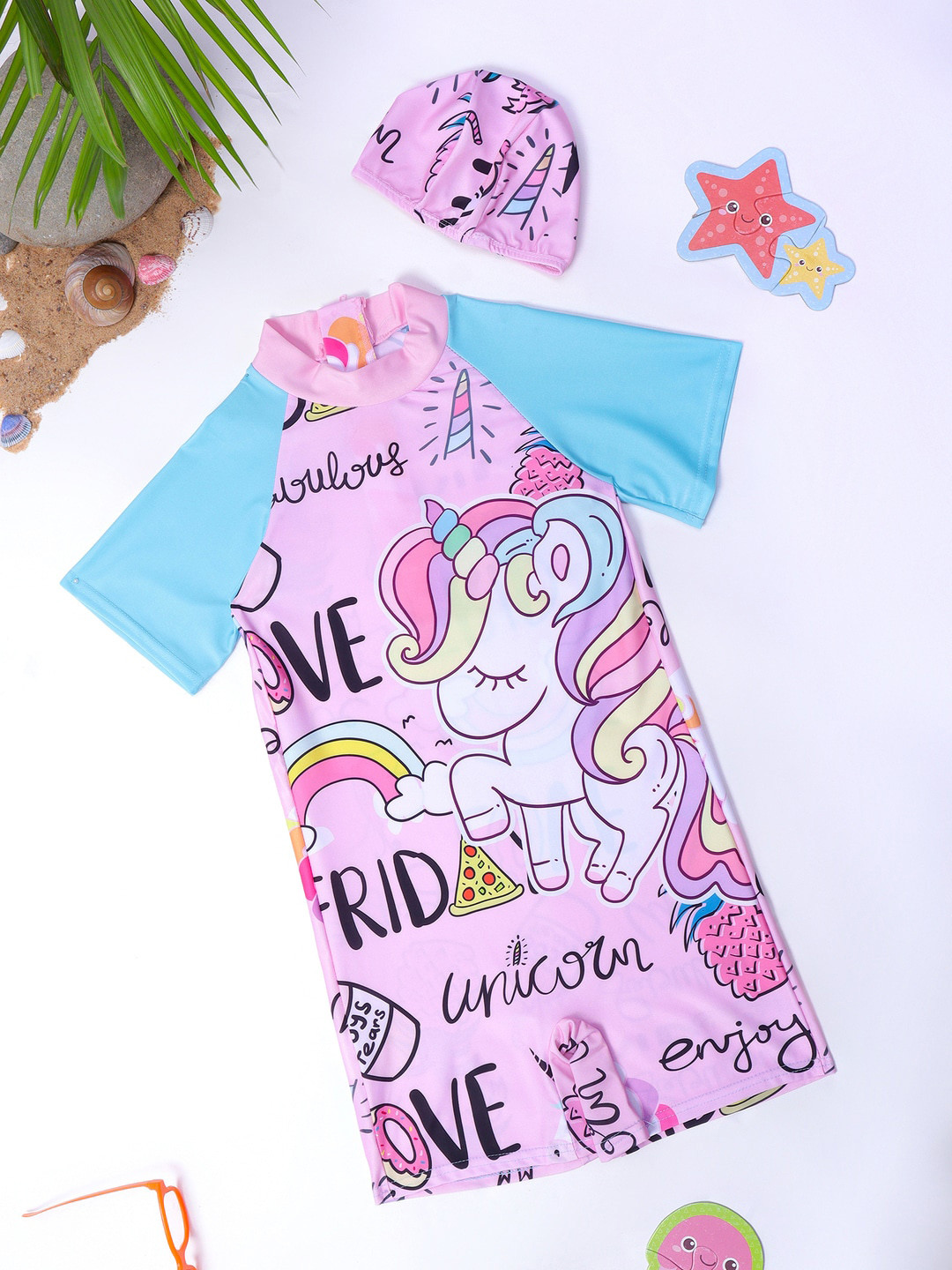 

bubble berry Girls Unicorn Printed Swim Legsuit With Cap, Pink