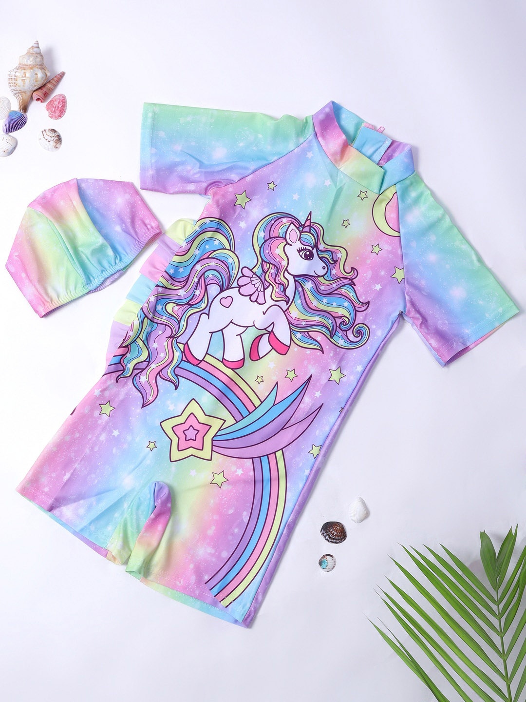 

bubble berry Girls 3D Unicorn Printed Swim Legsuit With Cap, Pink