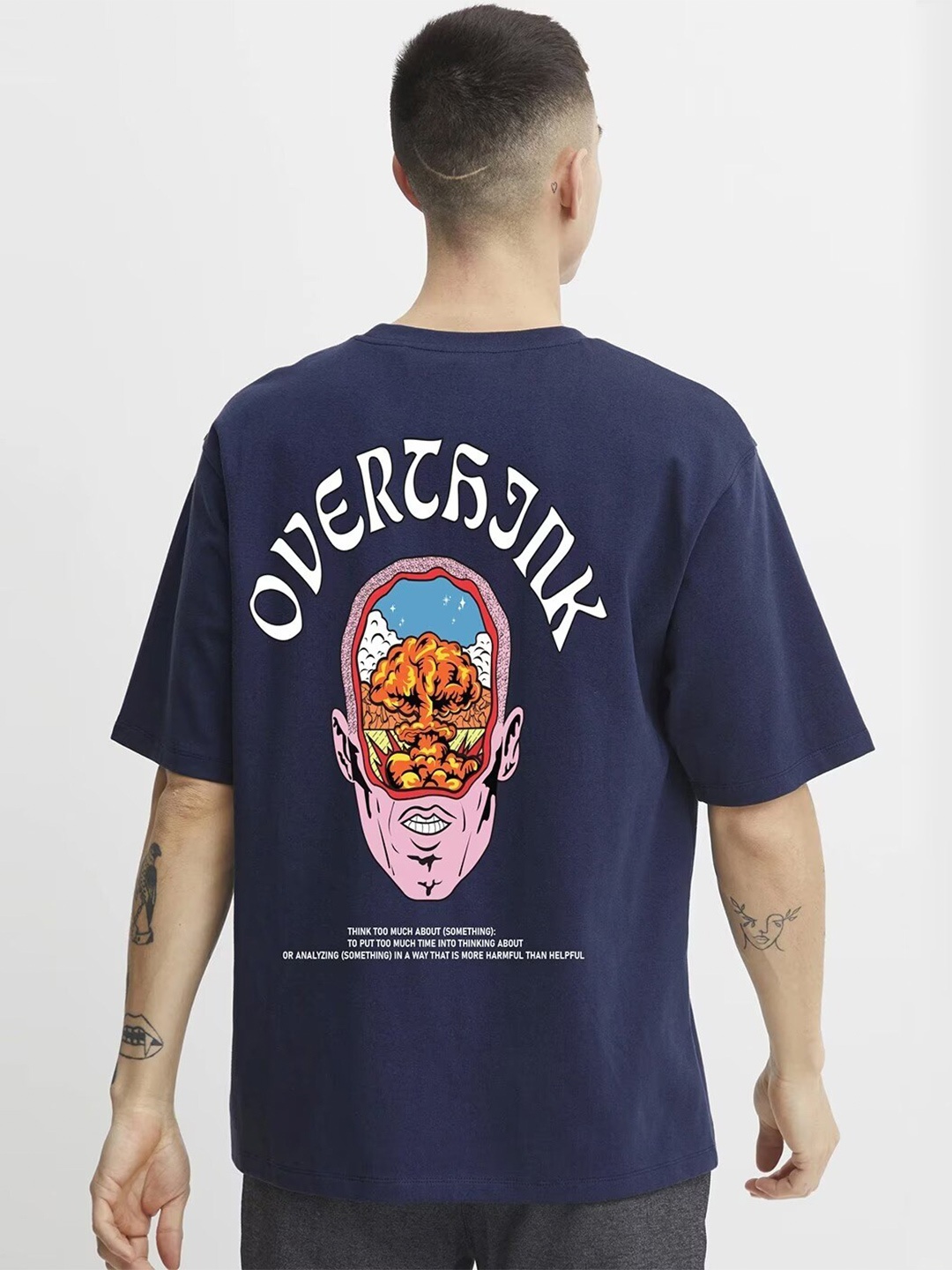 

MISCHIEF MONKEY Printed Round Neck Three-Quarter Sleeves Cotton T-shirt, Navy blue