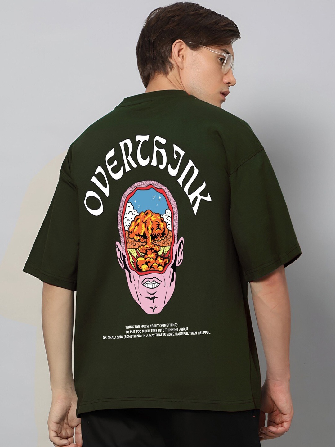 MISCHIEF MONKEY Typography Printed Cotton Oversized T-shirt, Olive