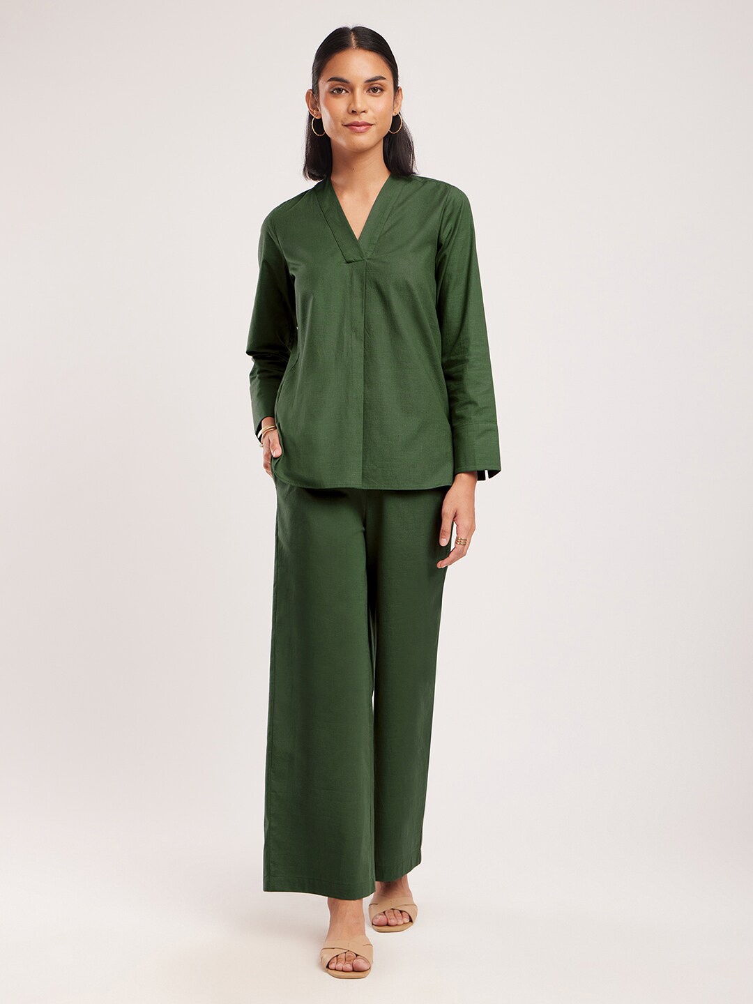 

Pink Fort Long Sleeves V-Neck Pure Cotton Top With Palazzos, Olive