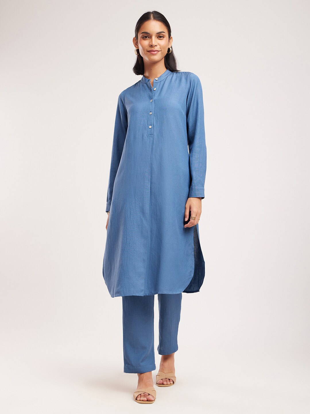 

Pink Fort Band Collar Long Sleeves Kurta With Trouser, Blue