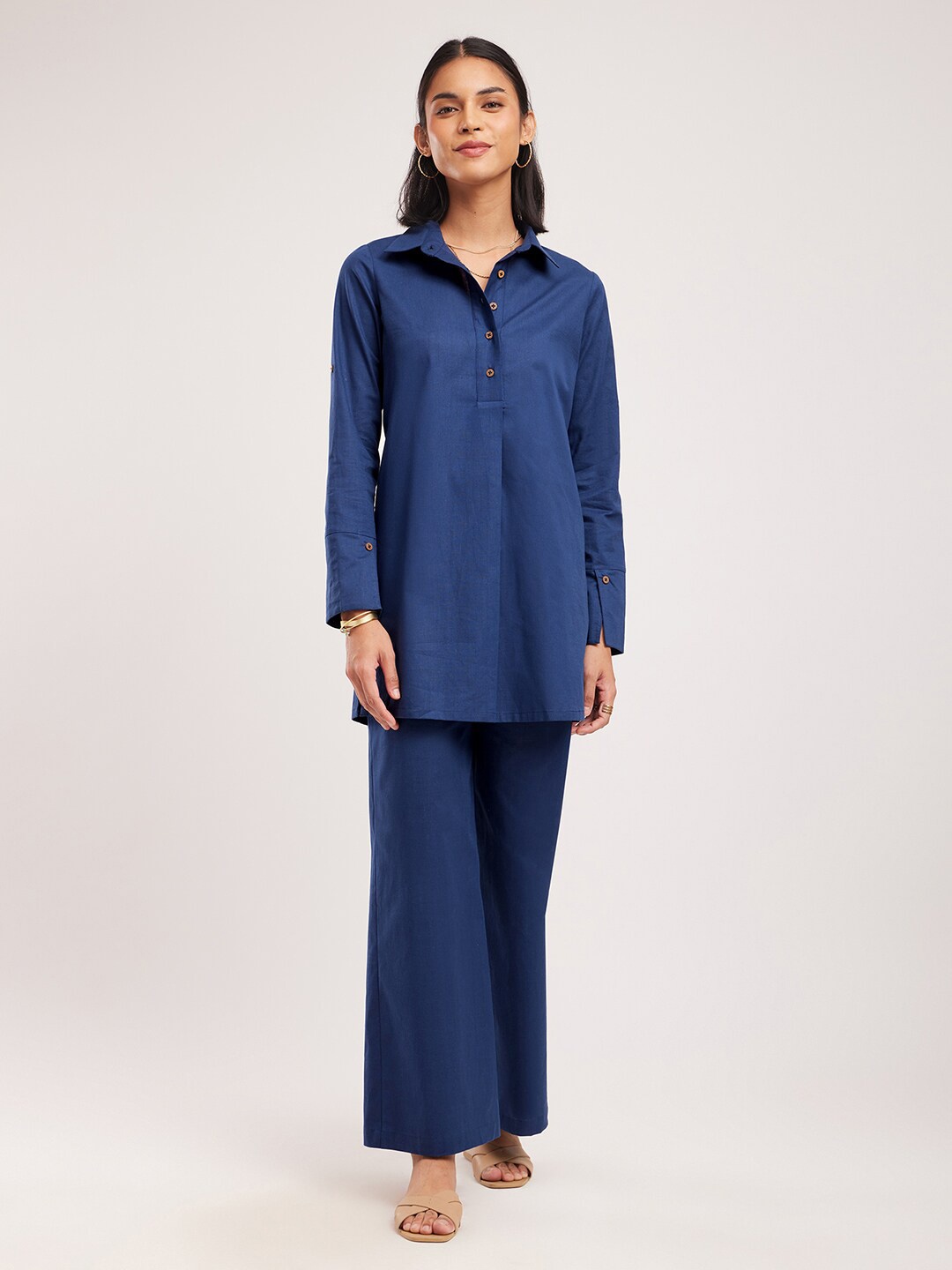 

Pink Fort Roll-Up Sleeves Pure Cotton Top With Palazzos, Navy blue