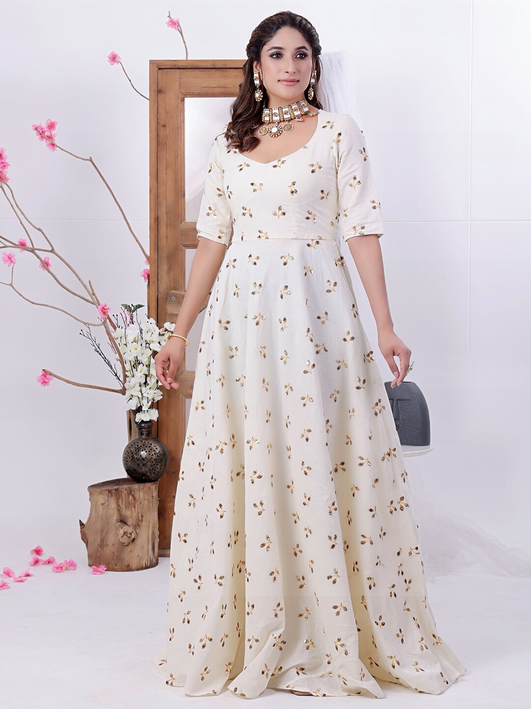

Ethnovog Floral Embroidered V-neck Cotton Maxi Dress, Off white