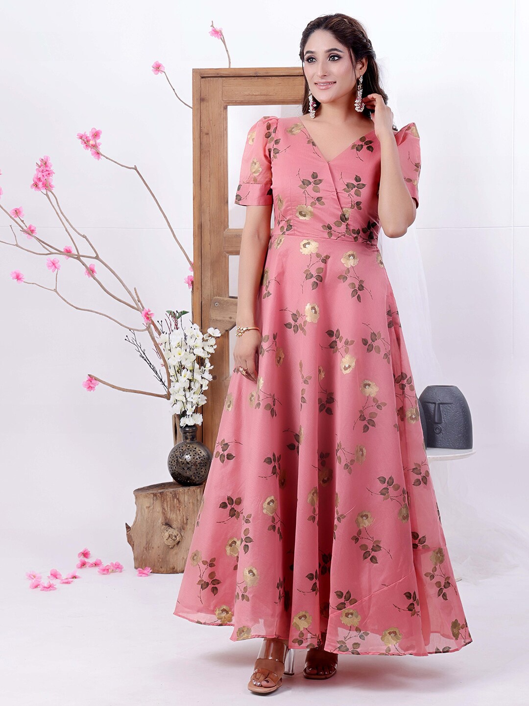 

Ethnovog Floral Printed Chanderi Silk Maxi Dress, Pink