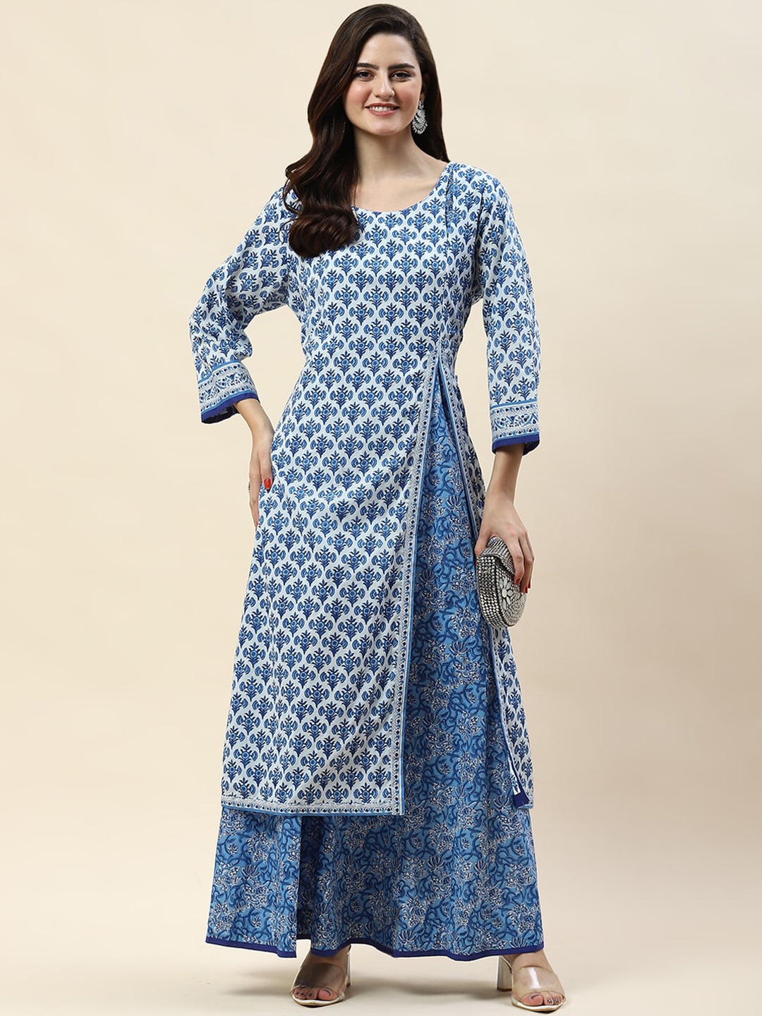 

Meena Bazaar Ethnic Motifs Printed Round Neck Three-Quarter Sleeves A-Line Kurta, Blue