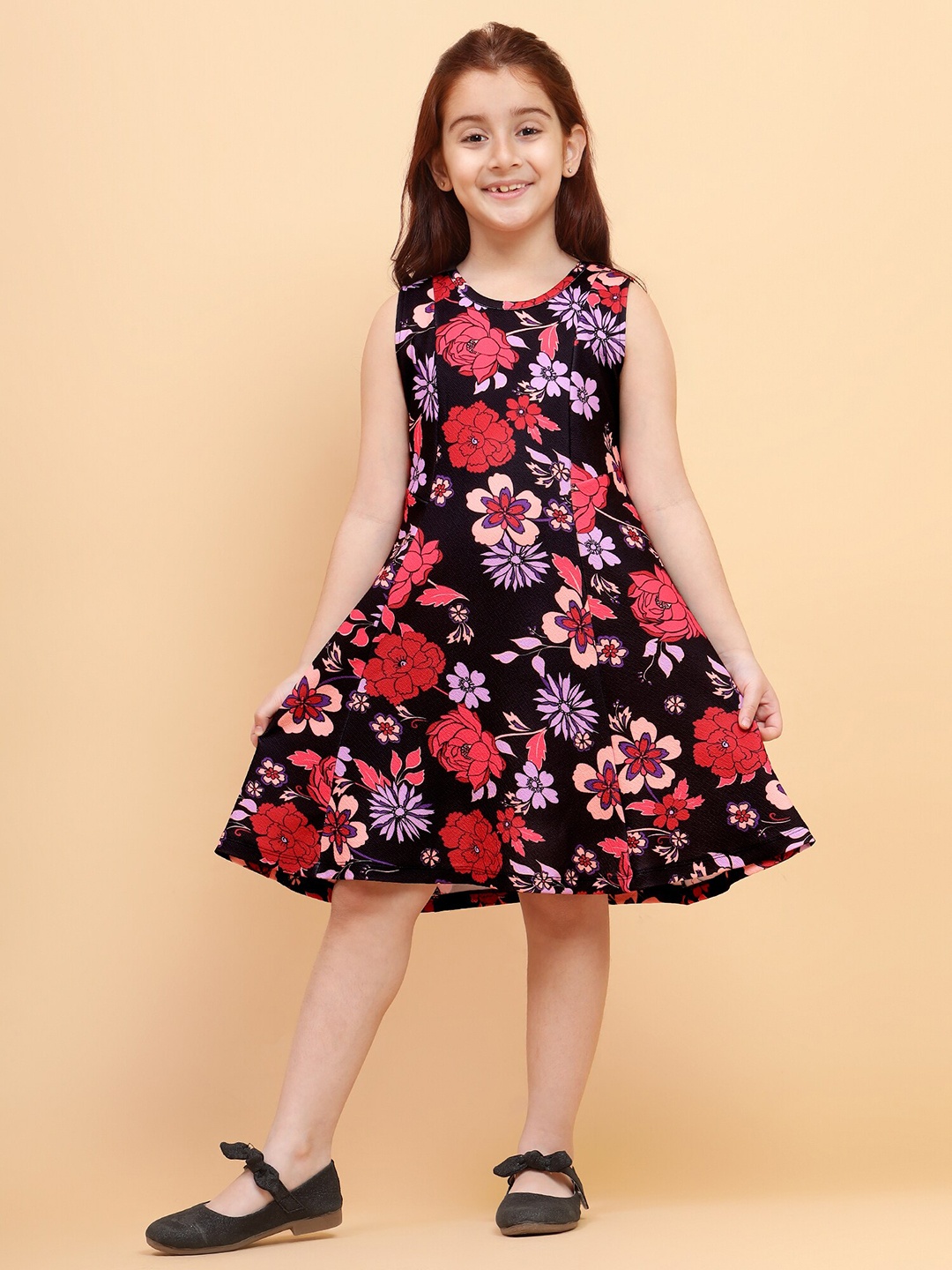 

YK Girls Floral Printed Fit & Flare Dress, Black