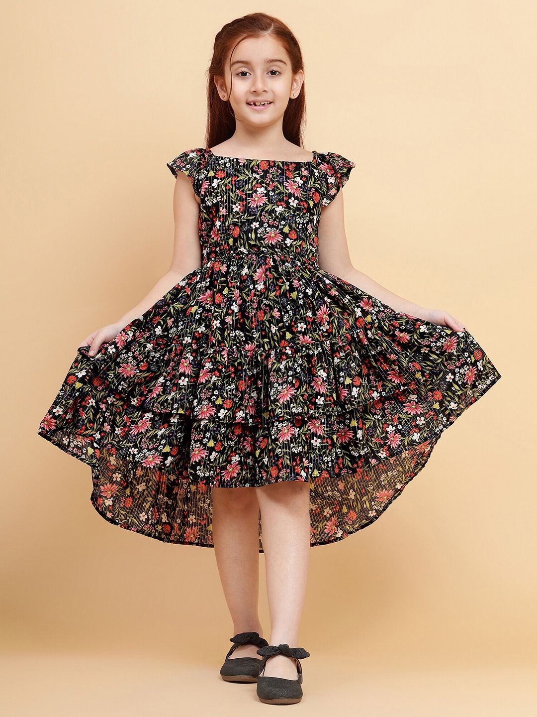 

YK Girls Floral Printed Fit & Flare Dress, Black