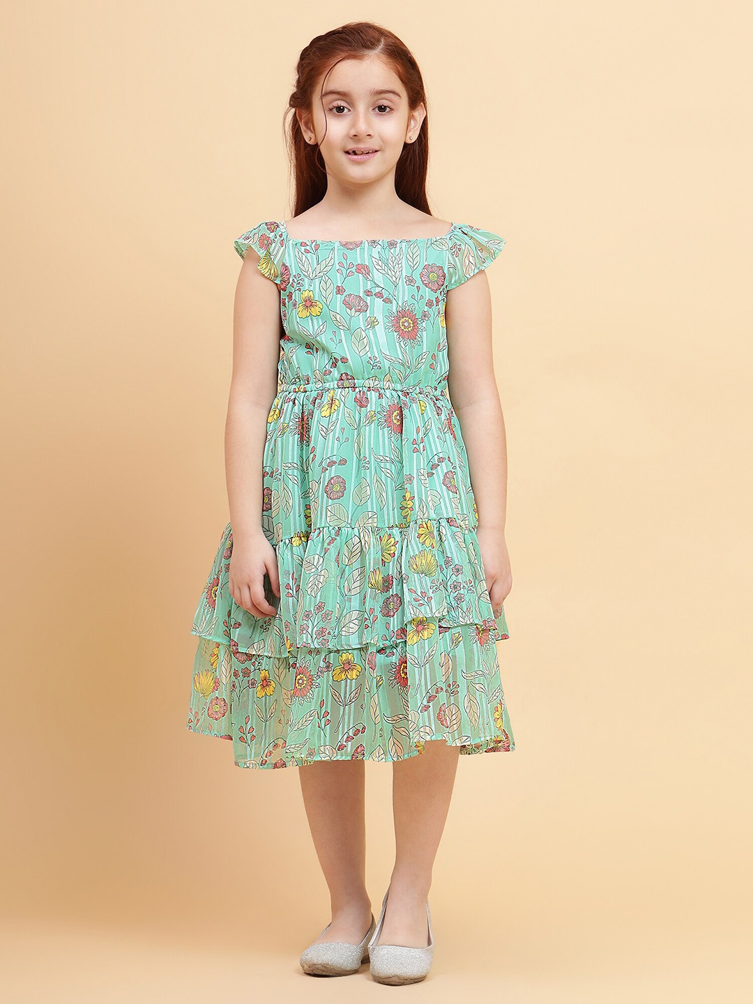 

YK Girls Floral Printed Fit & Flare Dress, Green