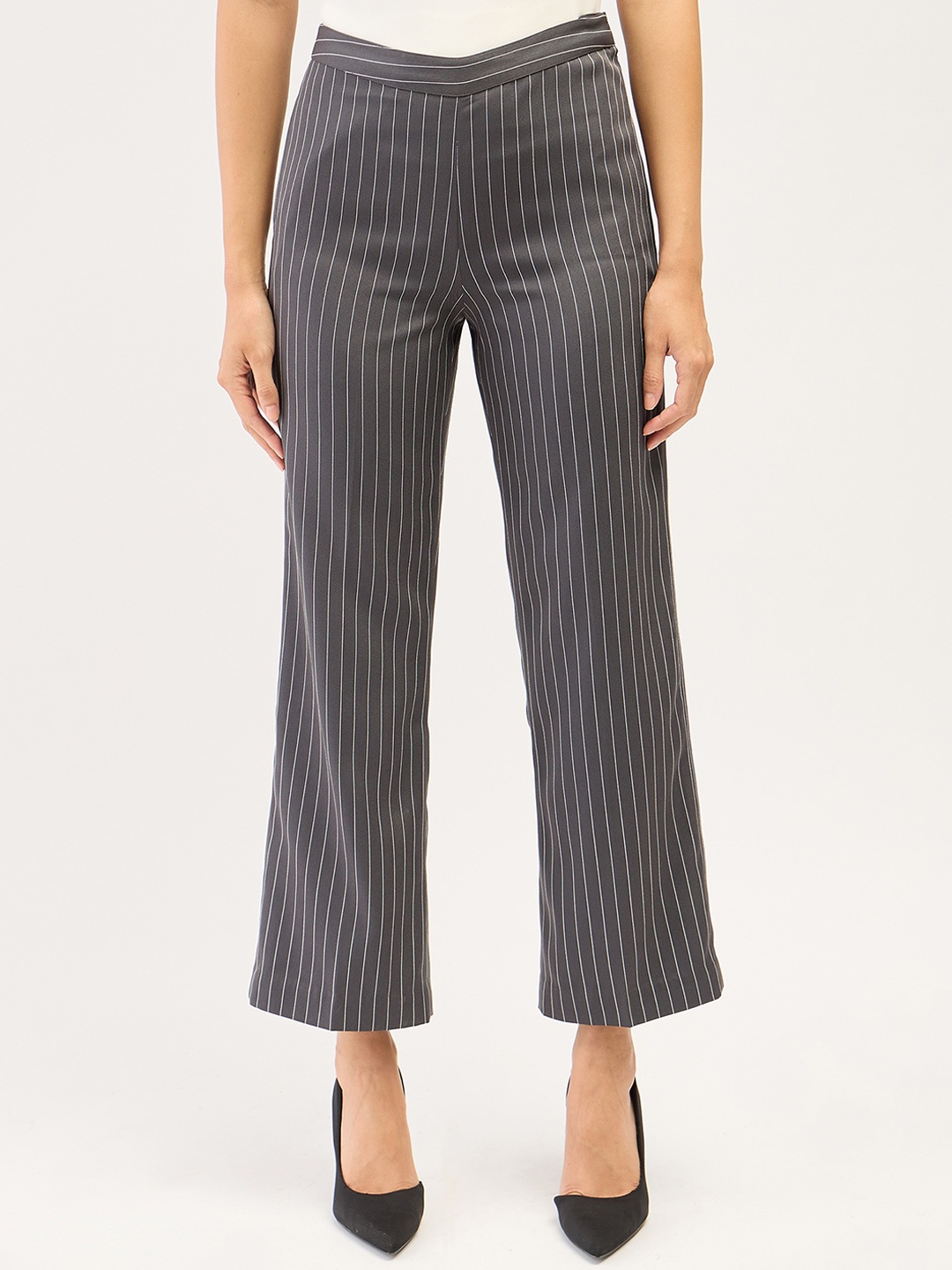 

SALT ATTIRE Women Striped Tailored Straight Fit Trousers, Grey