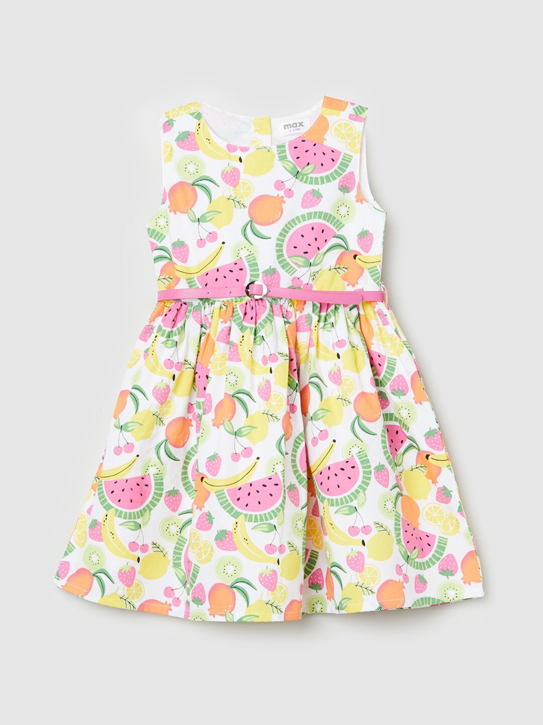 

max Girls Conversational Printed Sleeveless Cotton Fit & Flare Dress, White