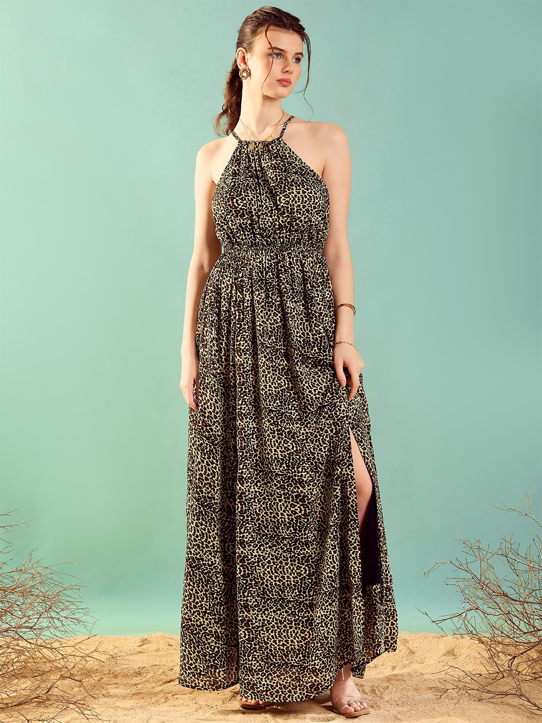 

KASSUALLY Printed Halter Neck Maxi Dress, Beige