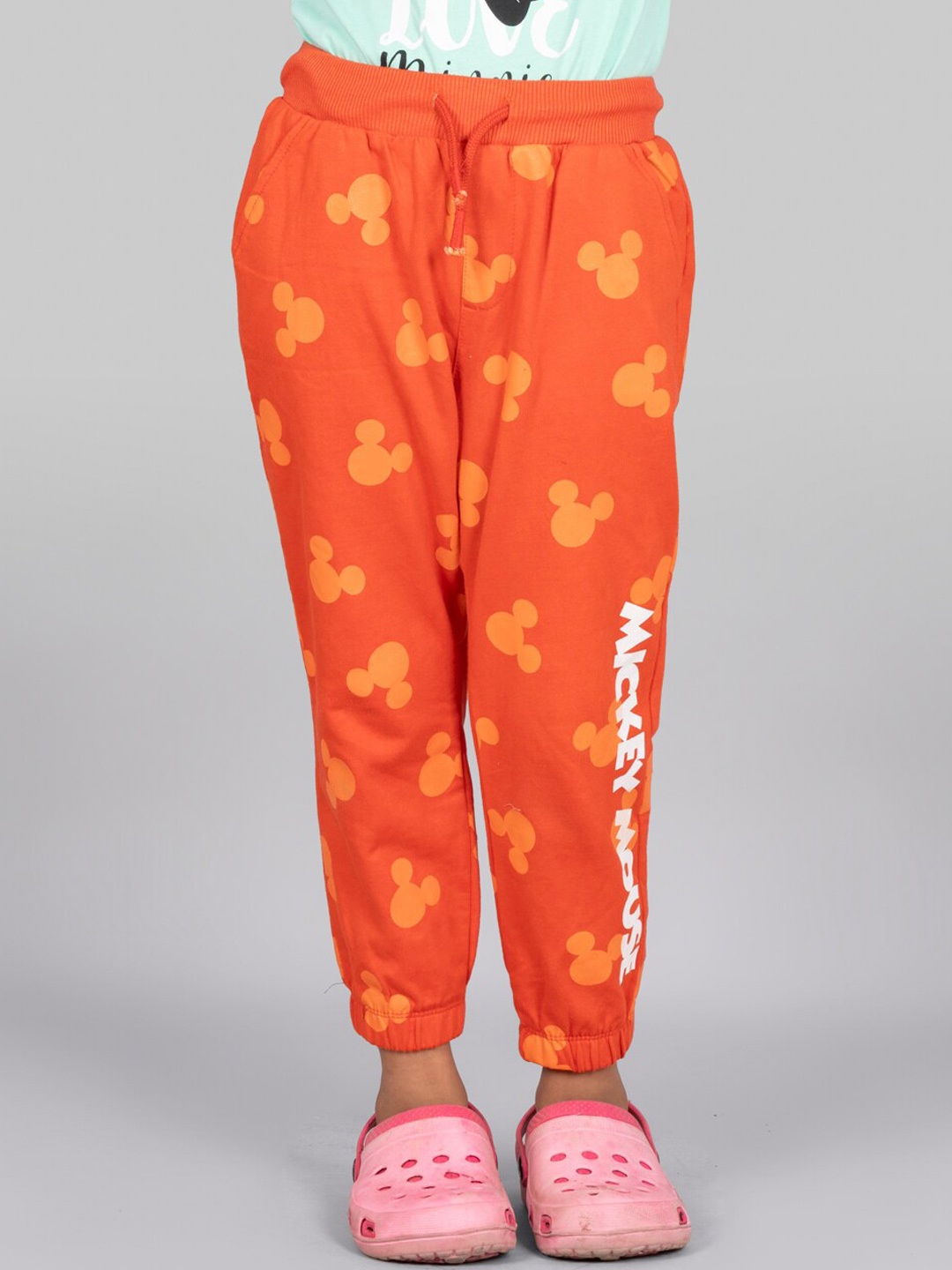 

Zalio Girls Mickey Mouse Printed Pure Cotton Joggers, Orange