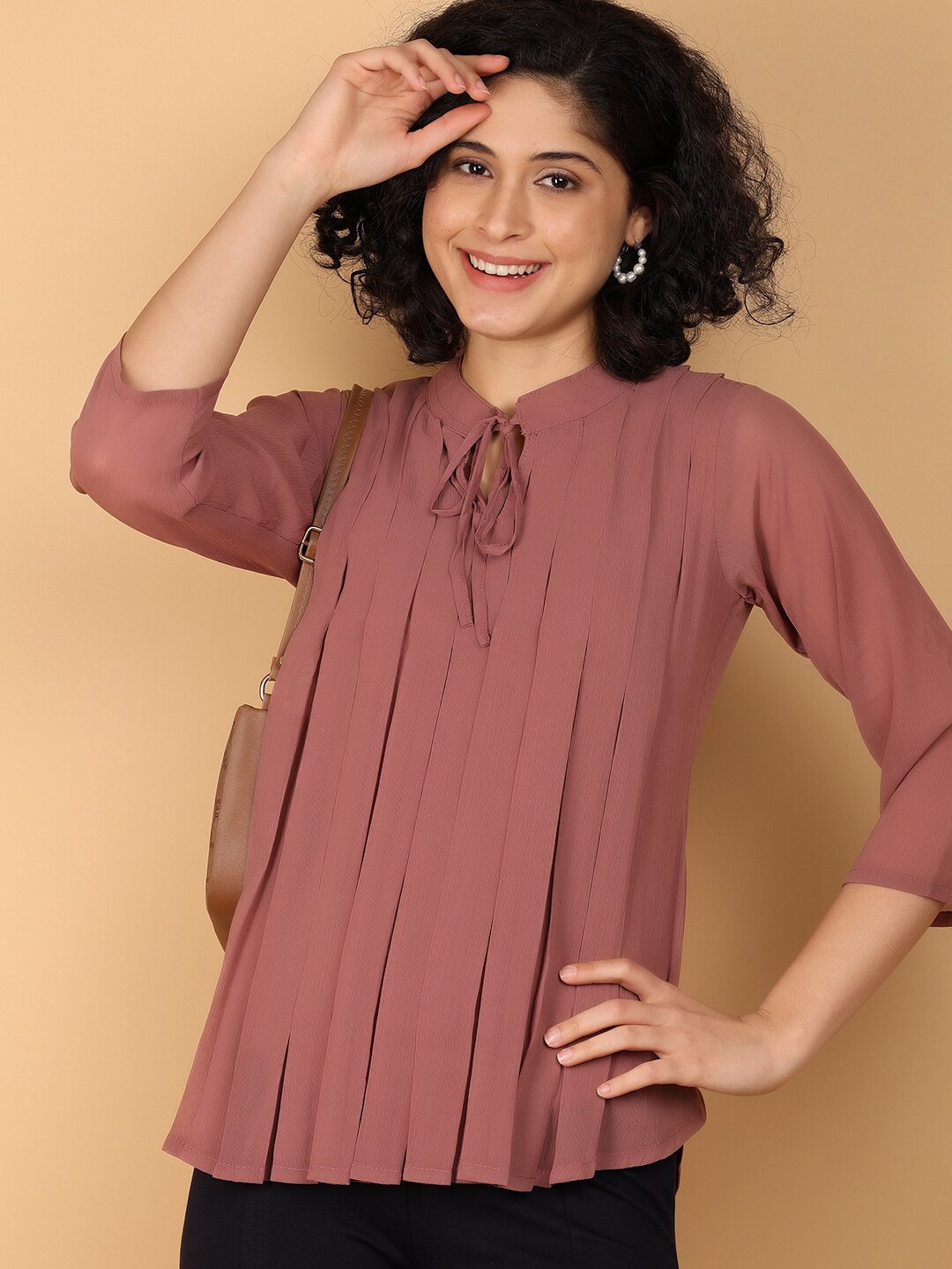 

V-Mart Tie-Up Neck Cotton Top, Brown