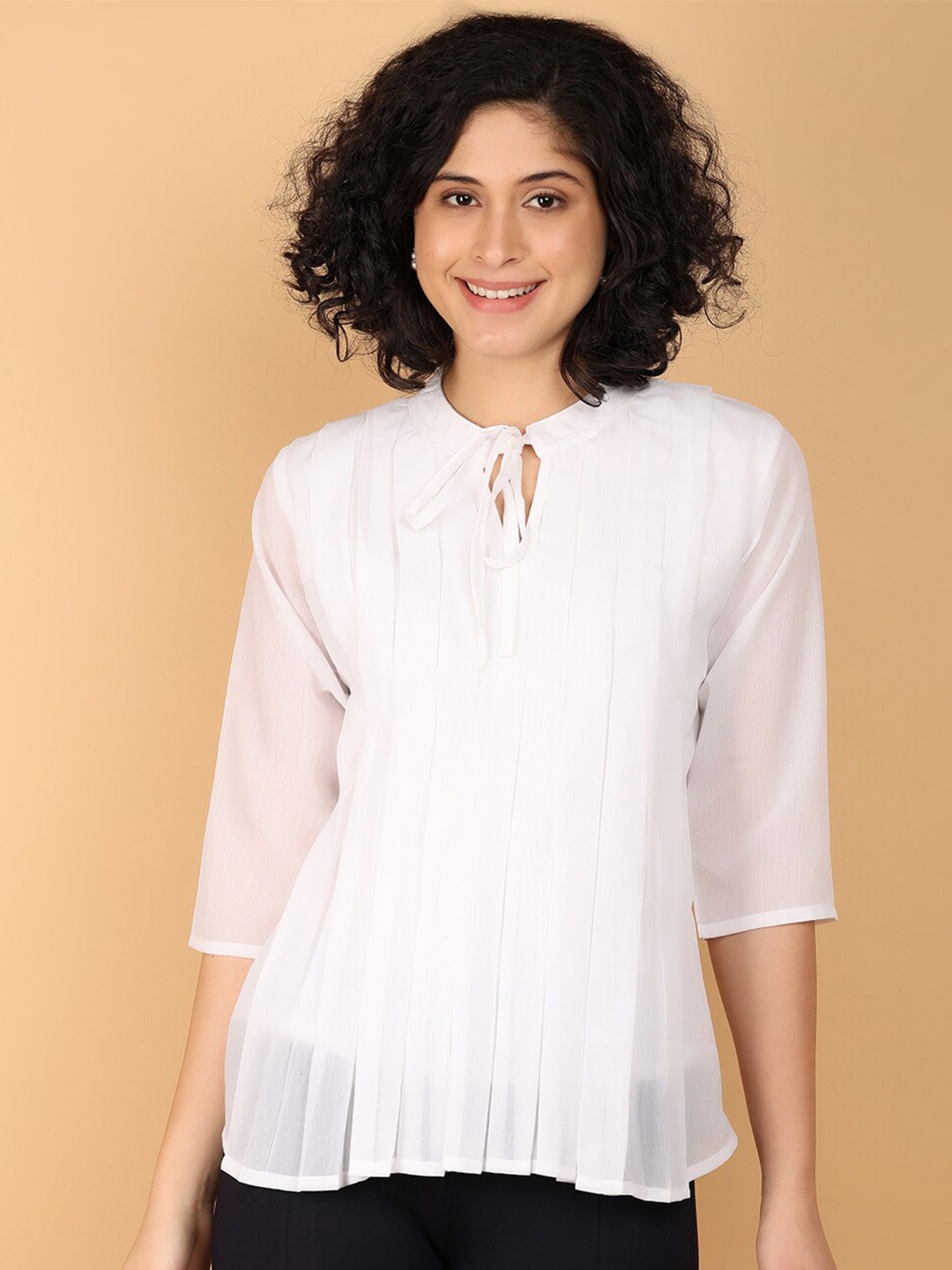 

V-Mart Tie-Up Neck Pleated Chiffon Top, Off white