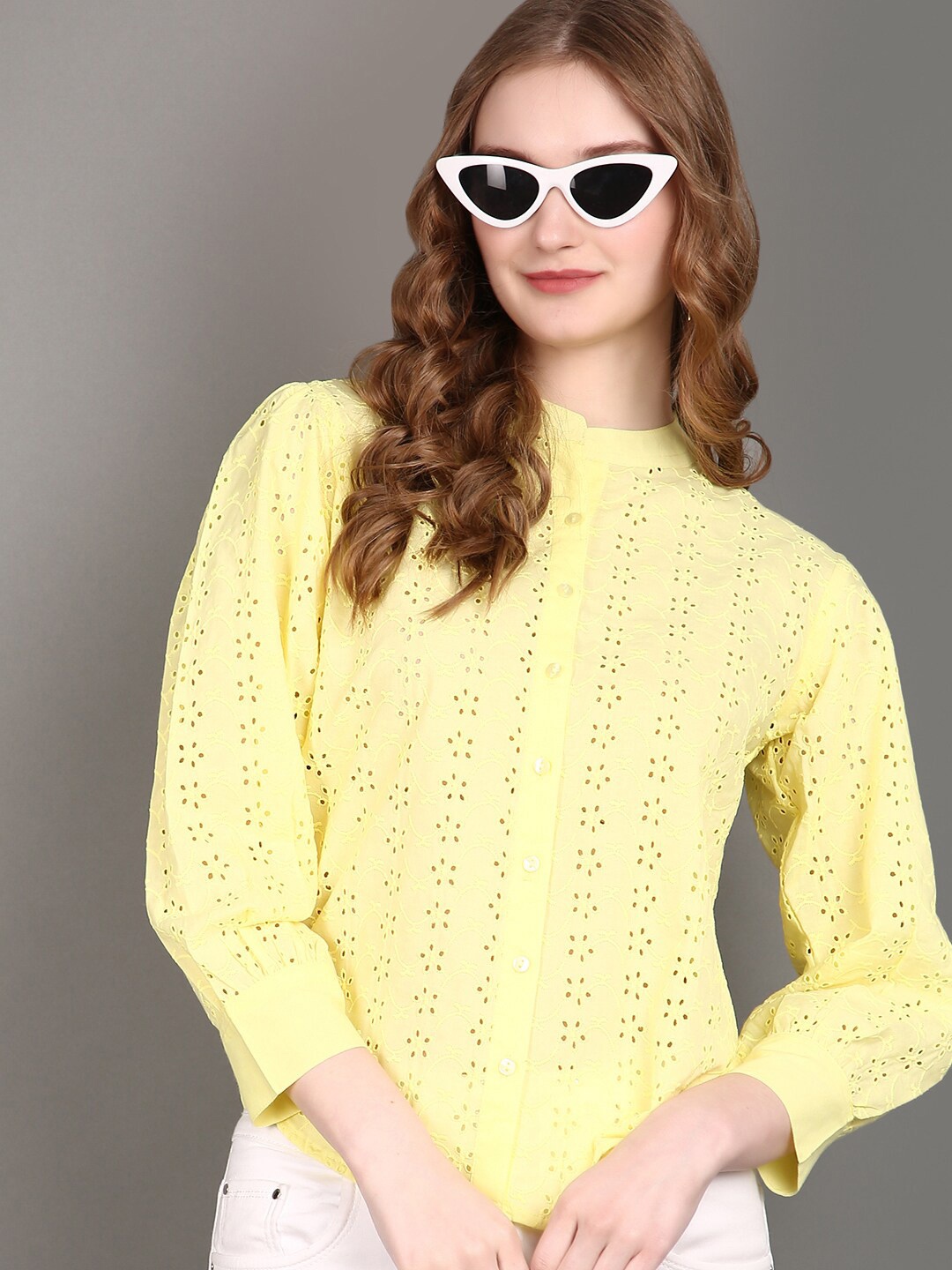 

V-Mart Three-Quarter Sleeves High Neck Cotton Top, Yellow