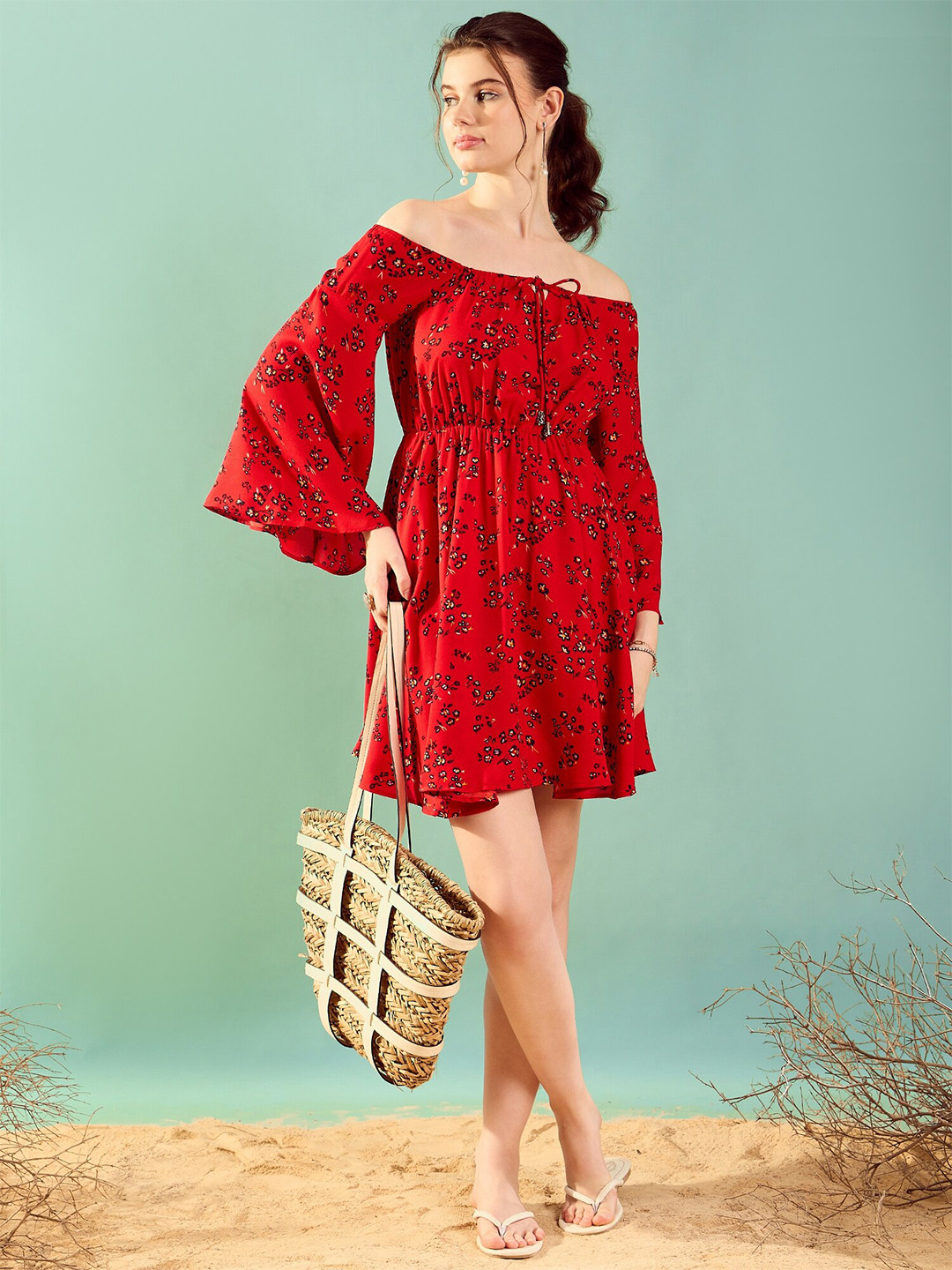 

KASSUALLY Floral Printed Off-Shoulder Bell Sleeve Fit & Flare Dress, Red
