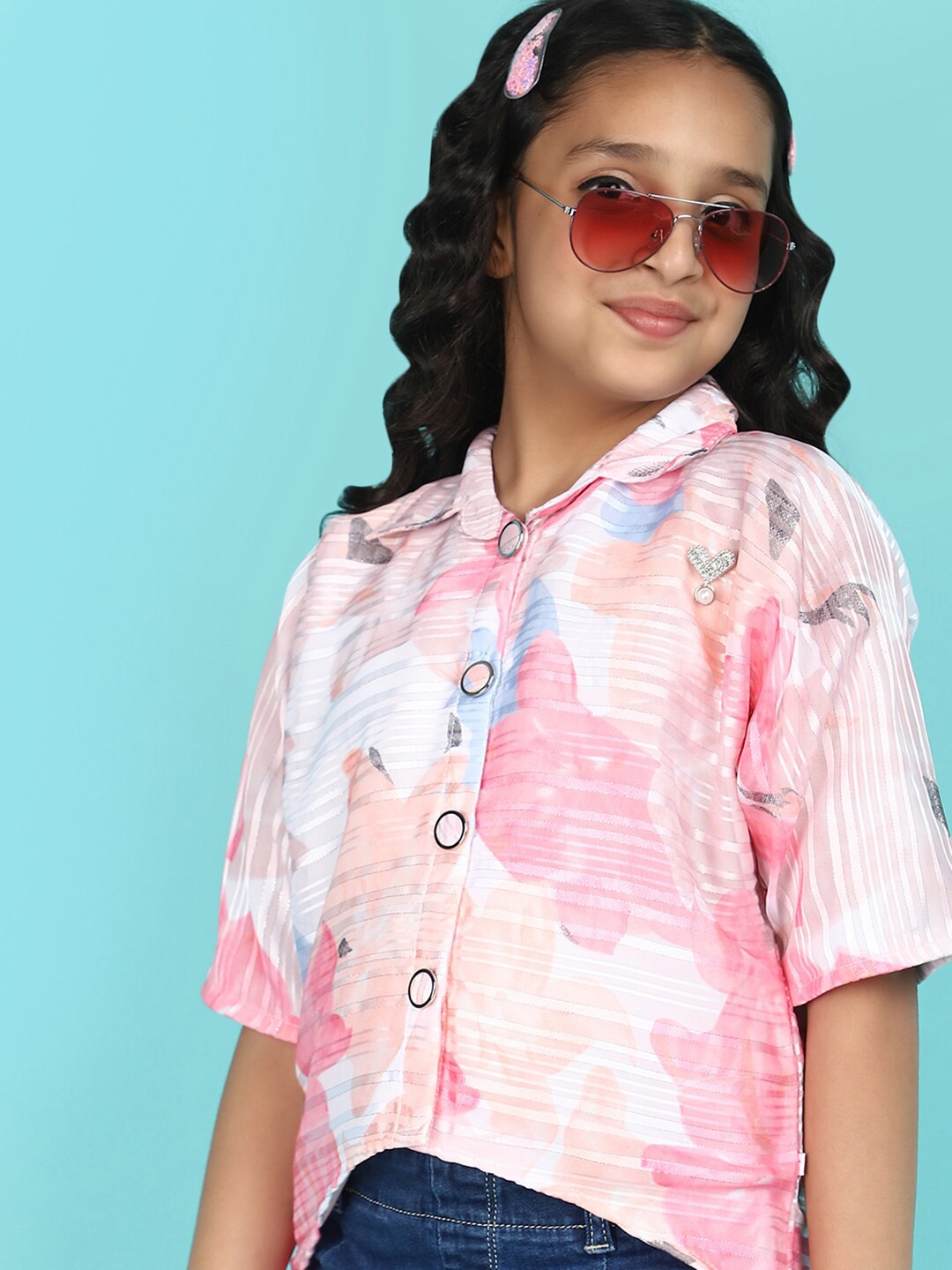 

V-Mart Girls Print Cotton Short Sleeves Shirt Style Top, Peach