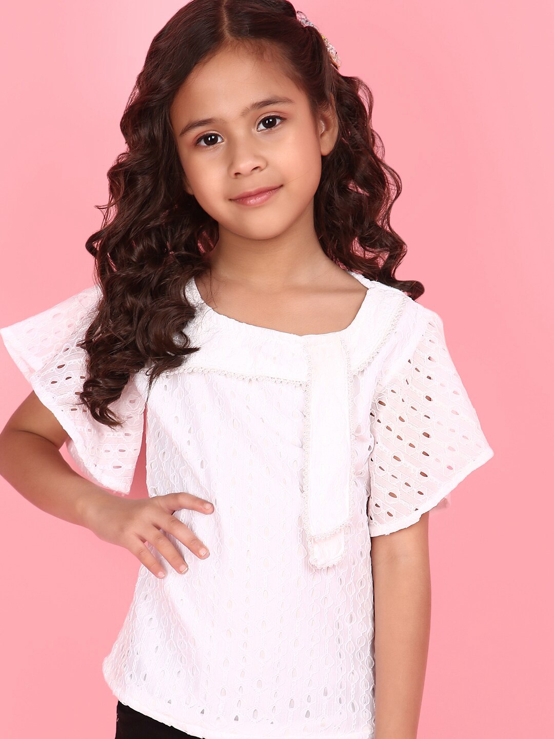 

V-Mart Girls Round Neck Flared Sleeve Cotton Top, White