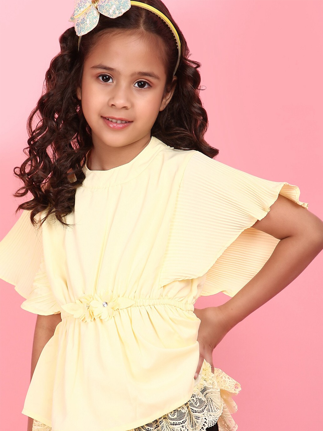 

V-Mart Girls Flared Sleeves Georgette Layered Cinched Waist Top, Yellow